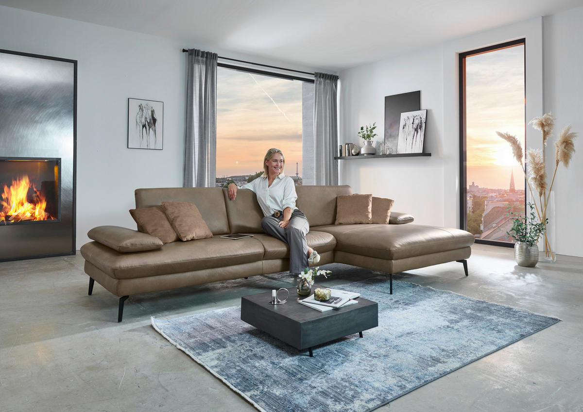 ECKSOFA in Echtleder Graubraun  - Graubraun/Schwarz, Design, Leder/Metall (325/157cm) - Dieter Knoll