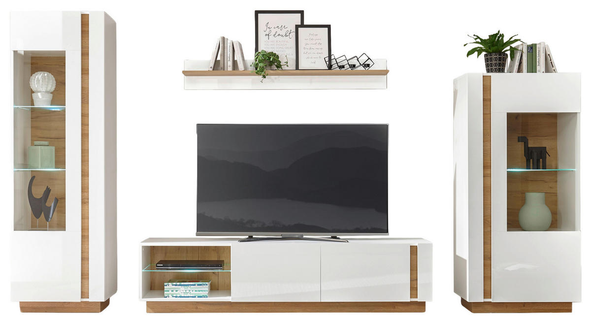 WOHNWAND - Eichefarben/Weiß, Design, Glas/Holzwerkstoff (340/194/40cm) - MID.YOU