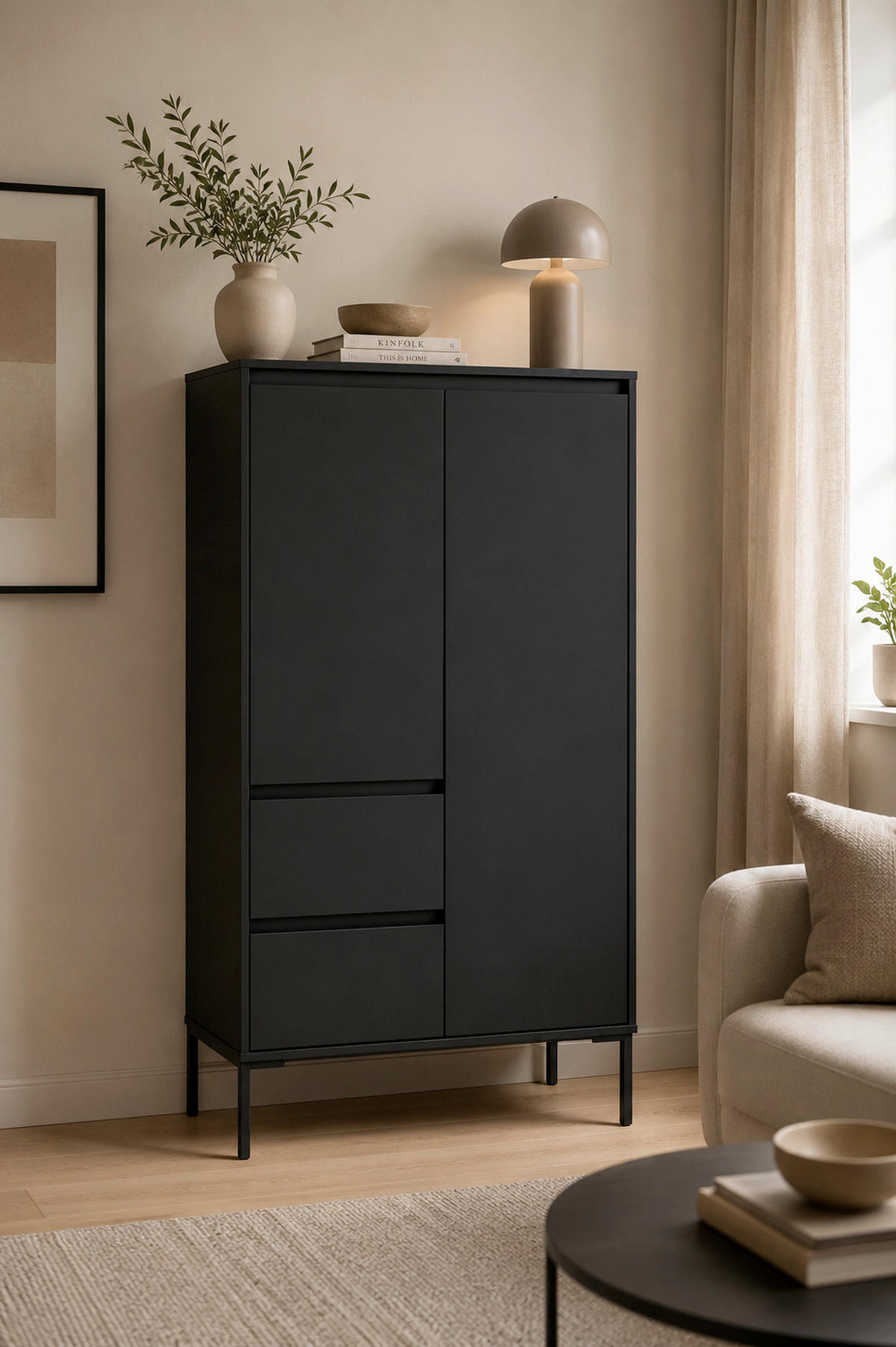 HIGHBOARD  81/139/40 cm 2 Schublade(n)  - Schwarz, Design, Holzwerkstoff/Metall (81/139/40cm) - MID.YOU