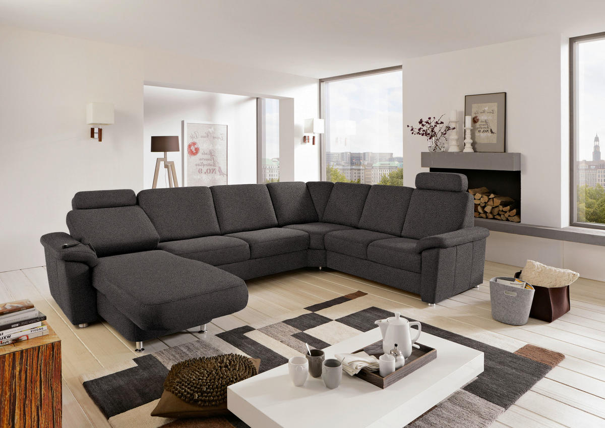 WOHNLANDSCHAFT Dunkelgrau Flachgewebe  - Chromfarben/Dunkelgrau, KONVENTIONELL, Textil/Metall (163/336/240cm) - Beldomo System