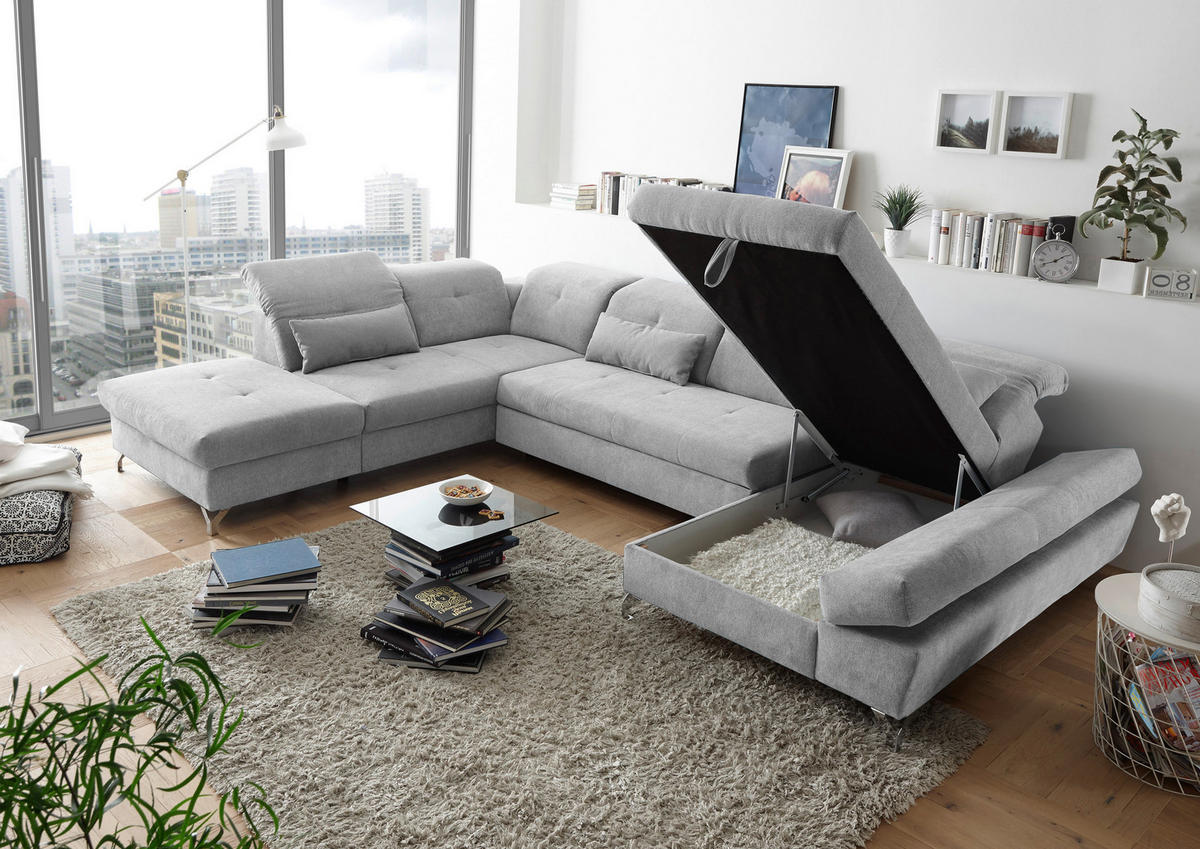 WOHNLANDSCHAFT in Mikrovelours Hellgrau  - Silberfarben/Hellgrau, Modern, Textil/Metall (245/350/168cm) - MID.YOU