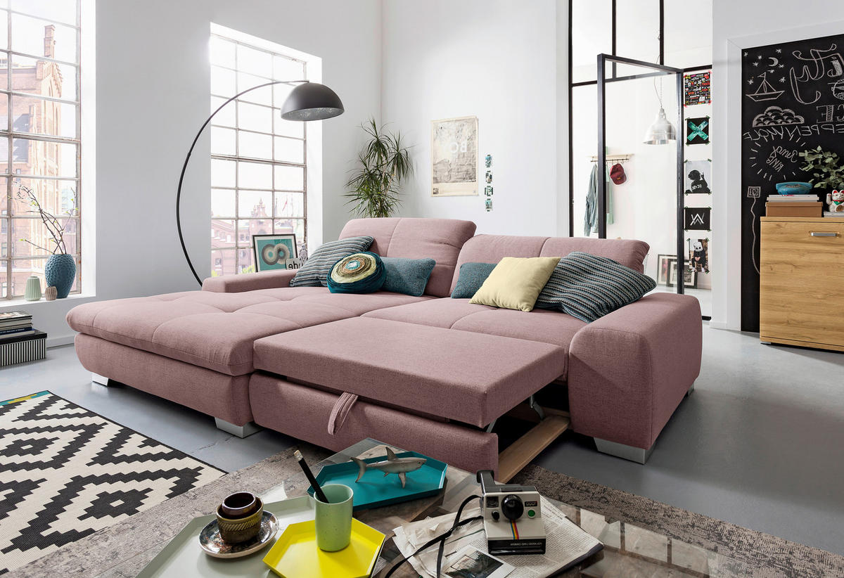 ECKSOFA Rosa Flachgewebe  - Chromfarben/Rosa, Design, Textil/Metall (198/276cm) - SetOne by Musterring