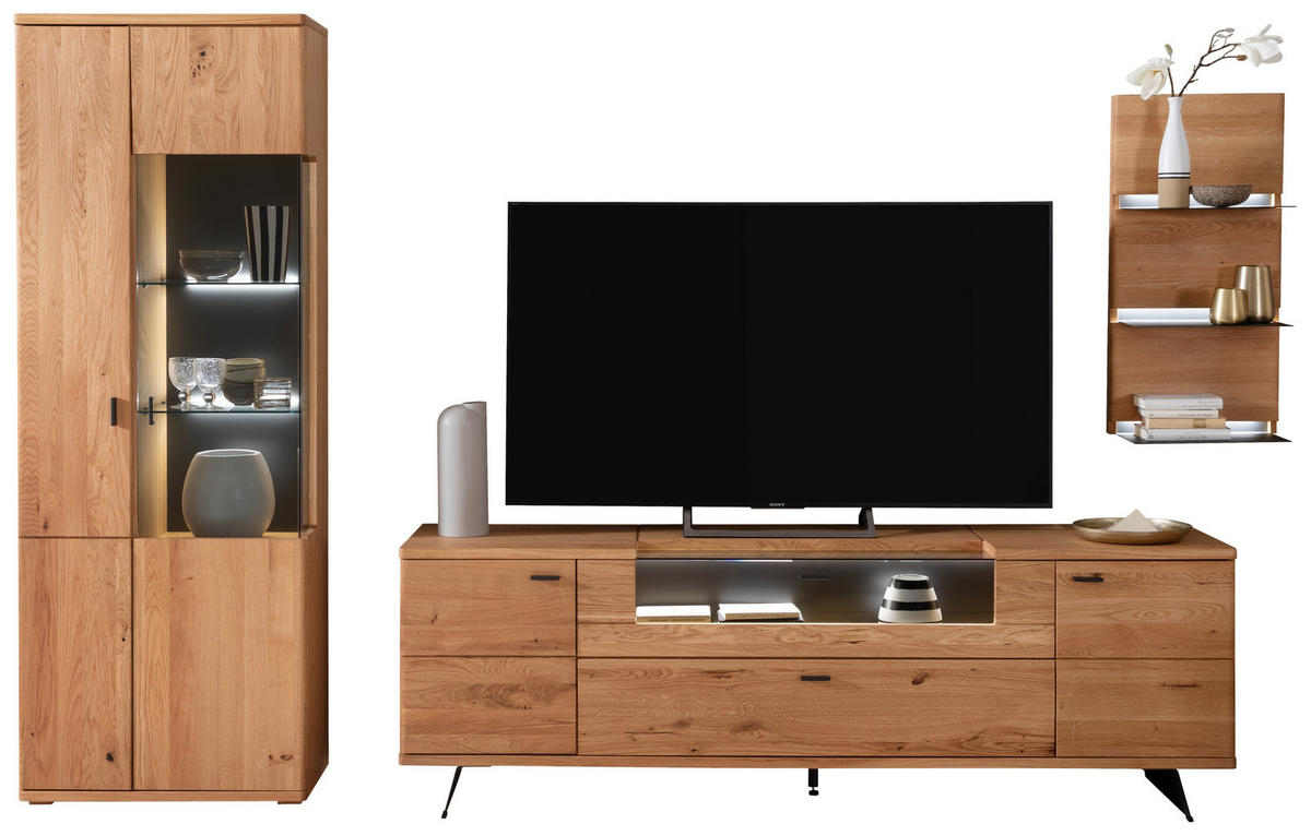 WOHNWAND 3-teilig  in Eichefarben 320/209/50 cm  - Eichefarben/Anthrazit, Natur, Glas/Holz (320/209/50cm) - Linea Natura