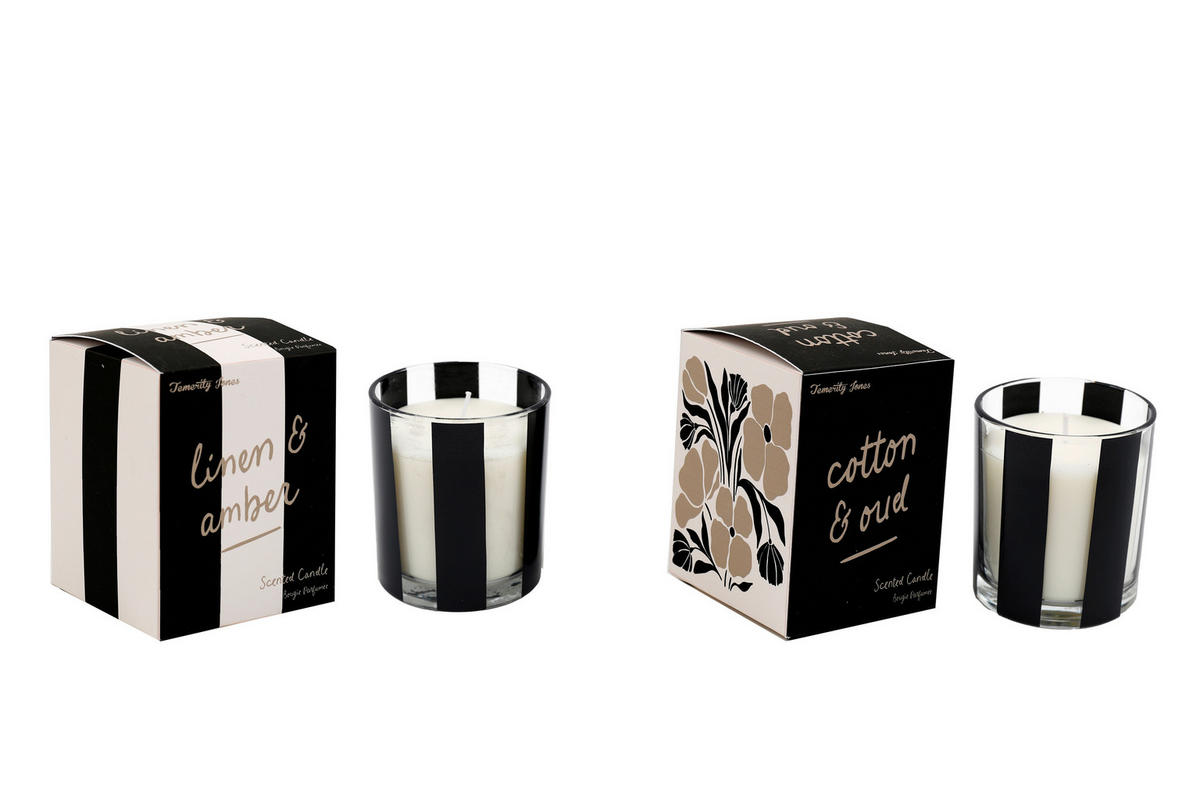 LUMÂNARE ÎN PAHAR DE STICLĂ - alb/negru, Basics, materiale naturale/sticlă (8/9/8cm)