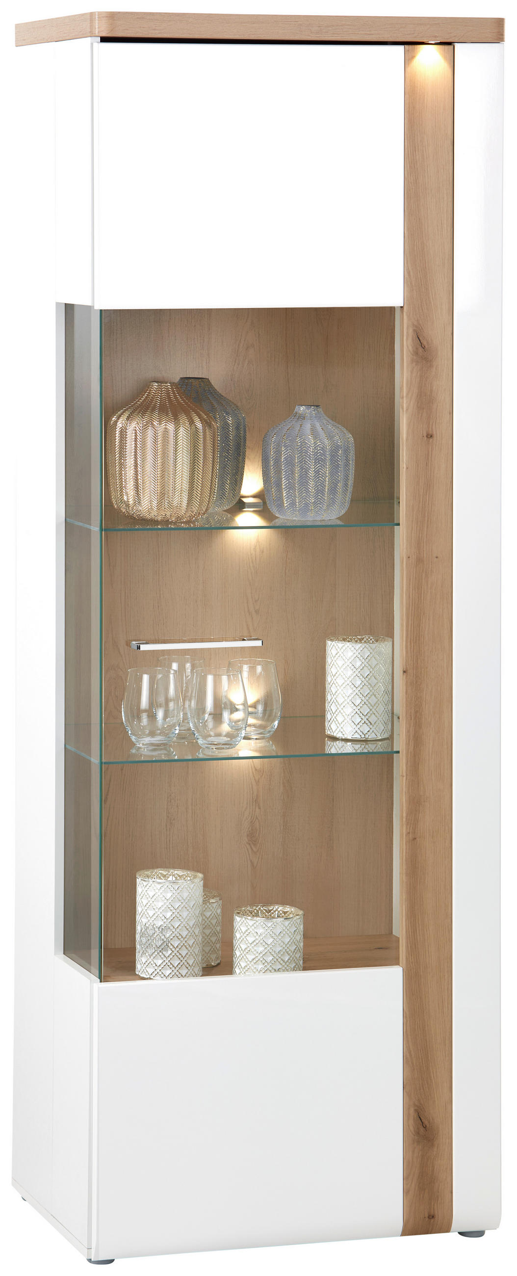 VITRINE in Eichefarben, Weiß Hochglanz  - Chromfarben/Eichefarben, MODERN, Glas/Holzwerkstoff (66,5/196/43,2cm)