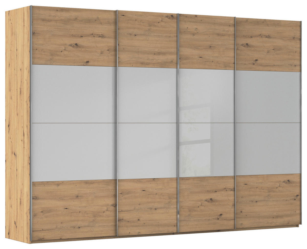 SCHWEBETÜRENSCHRANK 316/223/68 cm 4-türig Grau, Eiche Artisan  - Chromfarben/Eiche Artisan, KONVENTIONELL, Glas/Holzwerkstoff (316/223/68cm) - Novel