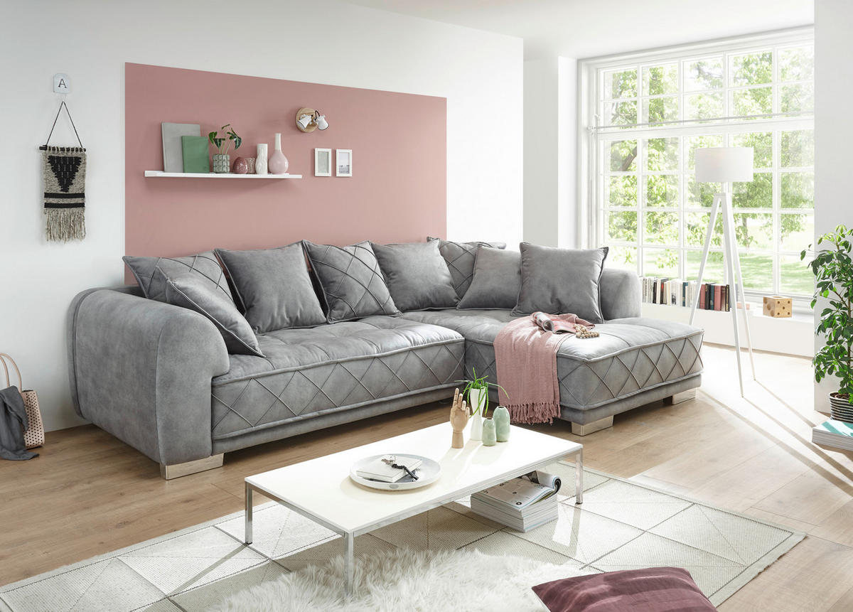 ECKSOFA in Mikrovelours Grau  - Silberfarben/Grau, Basics, Kunststoff/Textil (319/194cm) - MID.YOU