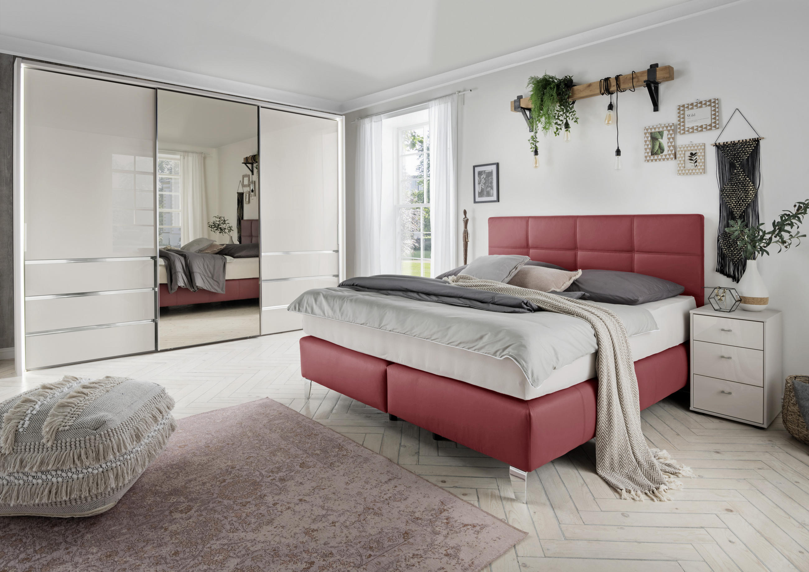 BOXSPRINGBETT 200/200 cm  in Bordeaux  - Chromfarben/Bordeaux, Konventionell, Leder/Textil (200/200cm) - Novel