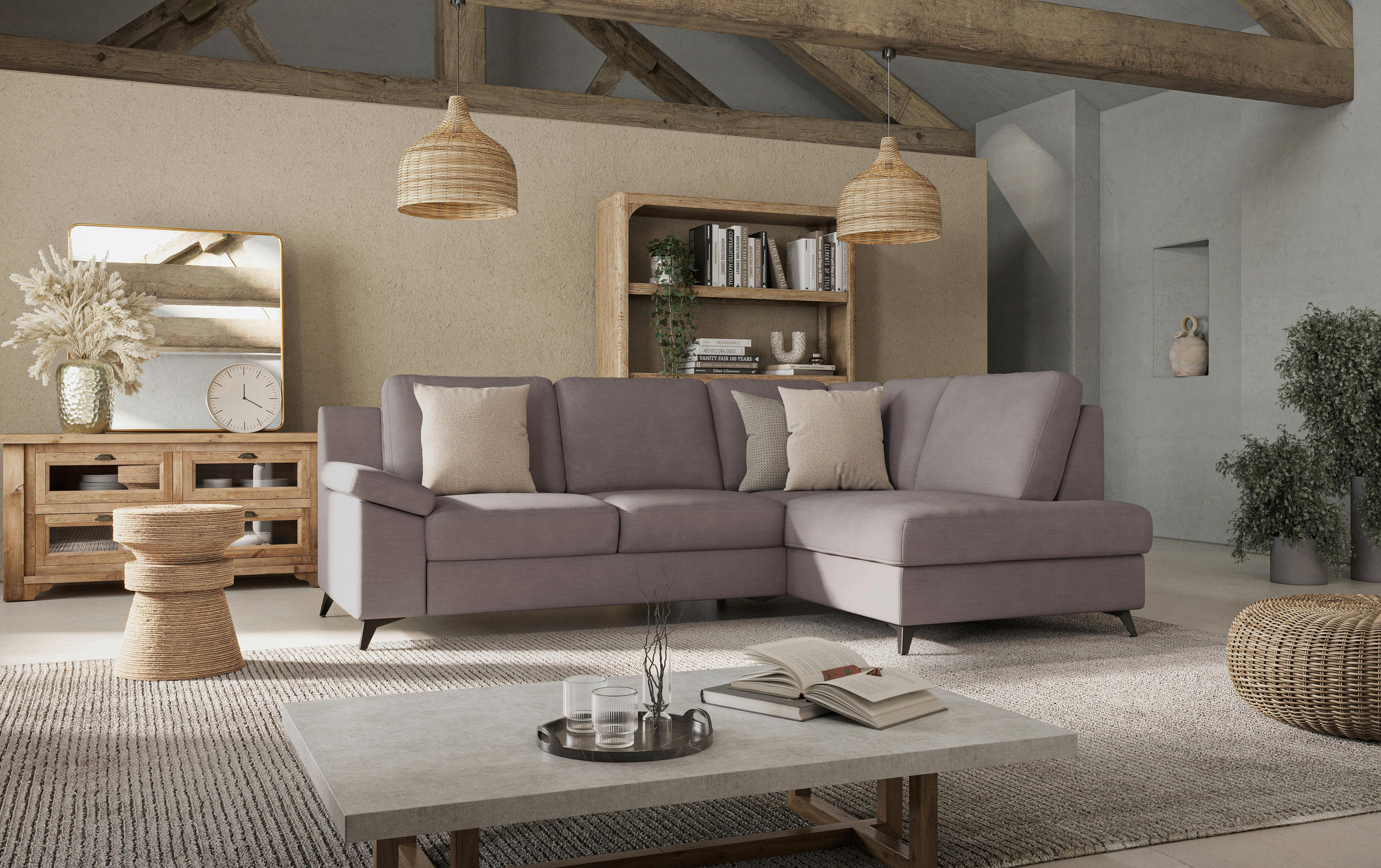 ECKSOFA Taupe Flachgewebe  - Taupe/Schwarz, KONVENTIONELL, Textil/Metall (242/170cm) - Cotta
