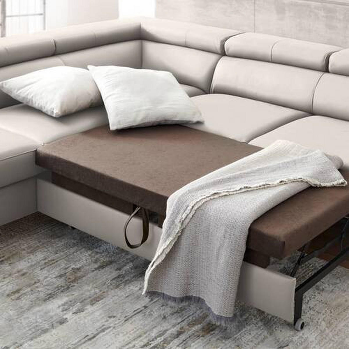 ECKSOFA Ecru Kombination Echtleder/Lederlook Lederlook  - Ecru/Schwarz, Design, Leder/Textil (220/256cm) - Celina Home