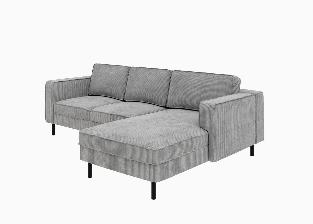 ECKSCHLAFSOFA WATKINS  mit Schlafen auf Sitzhöhe, Rücken echt, Armteil links, Armteil rechts Cord Grau  - Schwarz/Grau, MODERN, Textil/Metall (232/161cm) - Trendmanufaktur