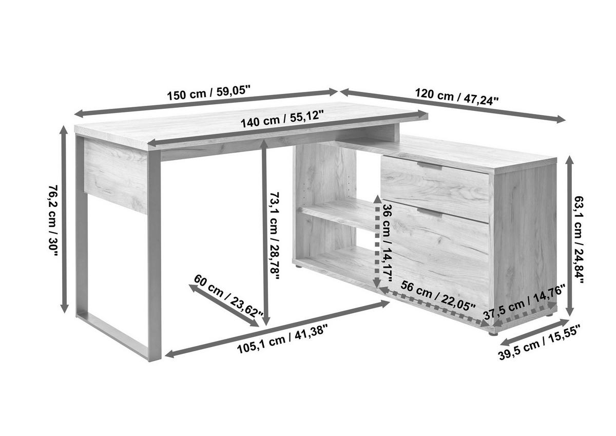 ECKSCHREIBTISCH 150/120/76 cm Weiß Kabeldurchlass, Stauraum, seitenverkehrt montierbar  - Weiß, MODERN, Holzwerkstoff/Metall (150/120/76cm) - MID.YOU