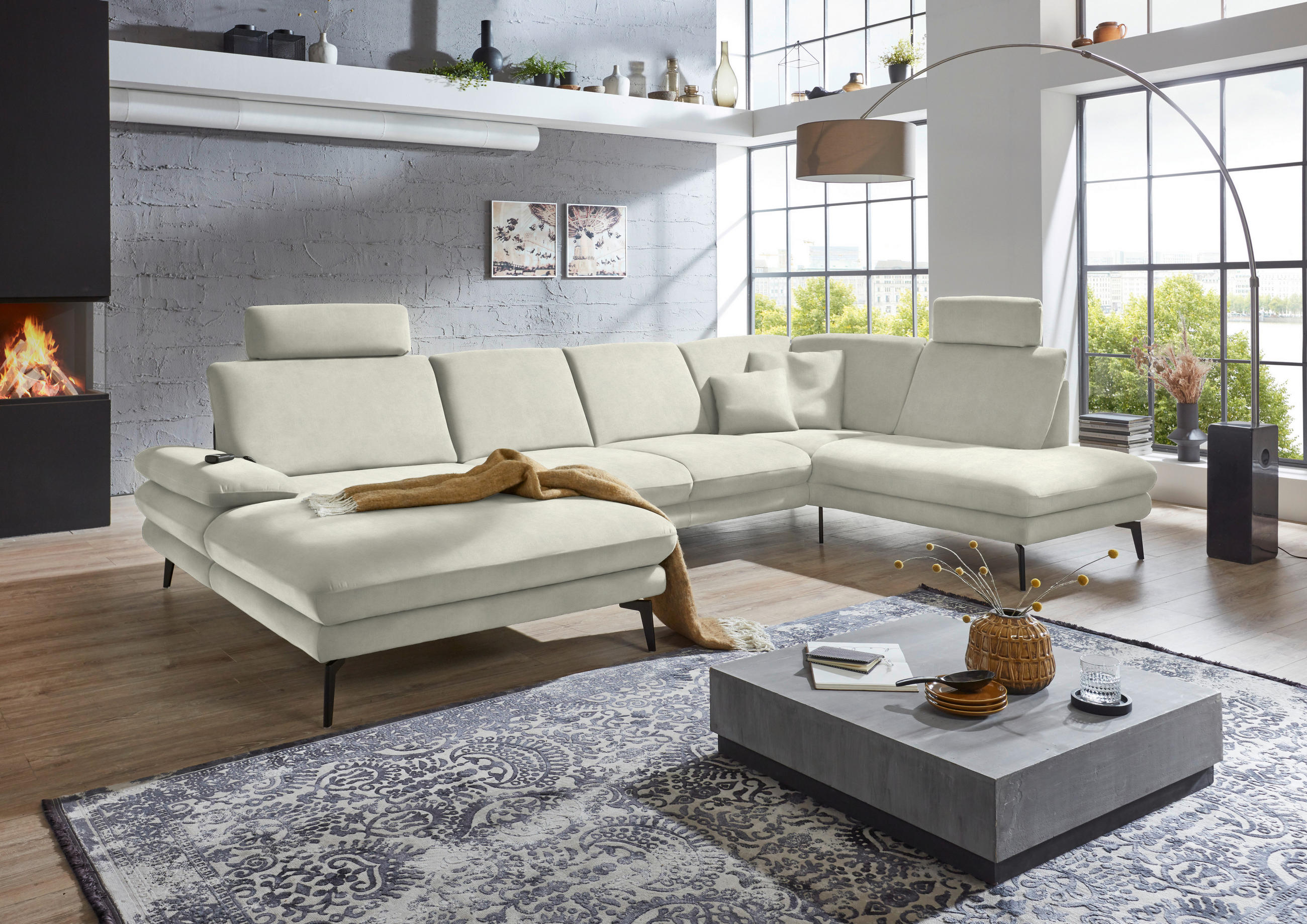 WOHNLANDSCHAFT in Velours Ecru  - Ecru/Schwarz, Design, Textil/Metall (180/344/208cm) - Dieter Knoll