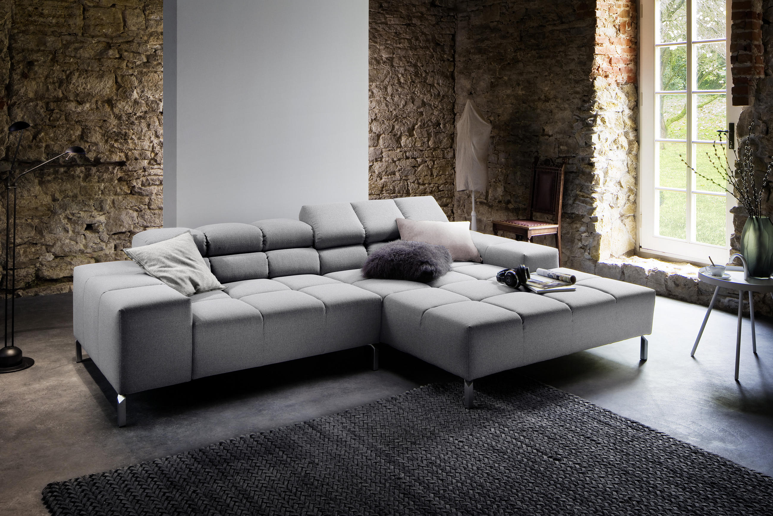ECKSOFA in Flachgewebe Grau  - Grau, Design, Textil/Metall (280/178cm) - Hom`in