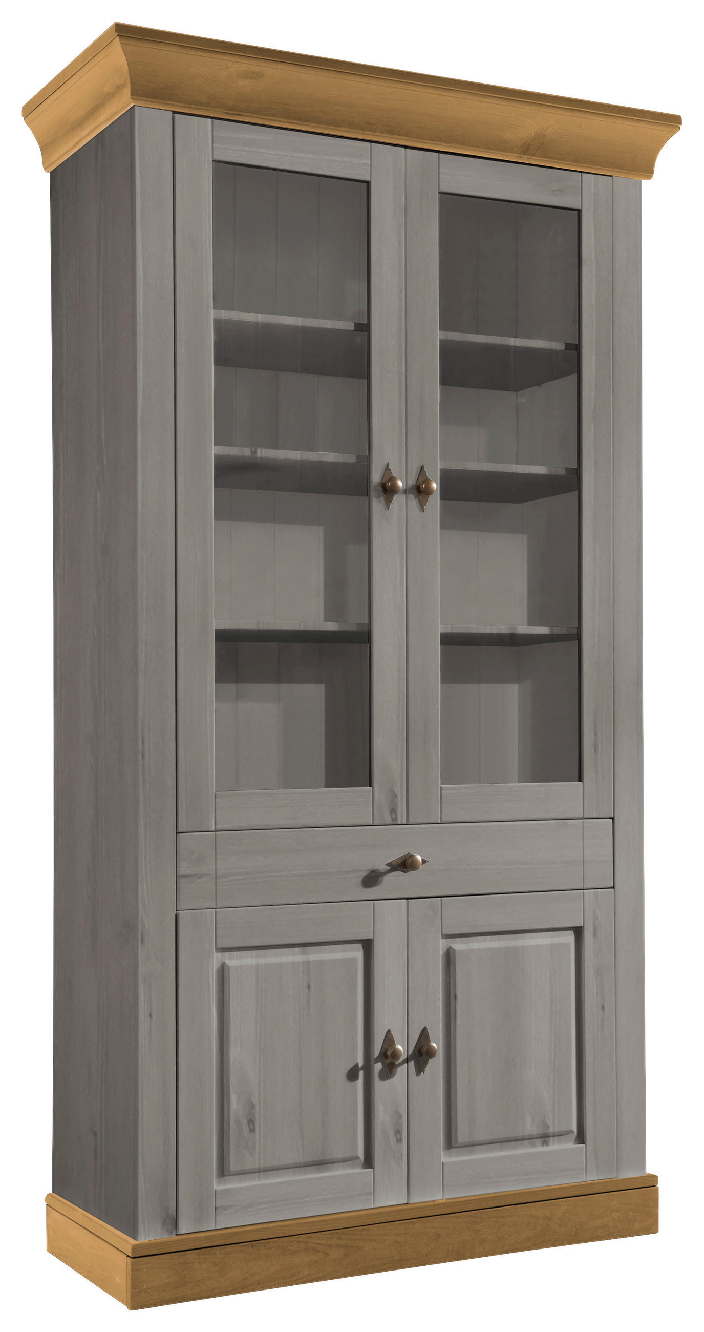 VITRINE  in massiv Kiefer Grau, Laugenfarbig  - Laugenfarbig/Grau, ROMANTIK / LANDHAUS, Glas/Holz (108/202/45cm) - Boxxx