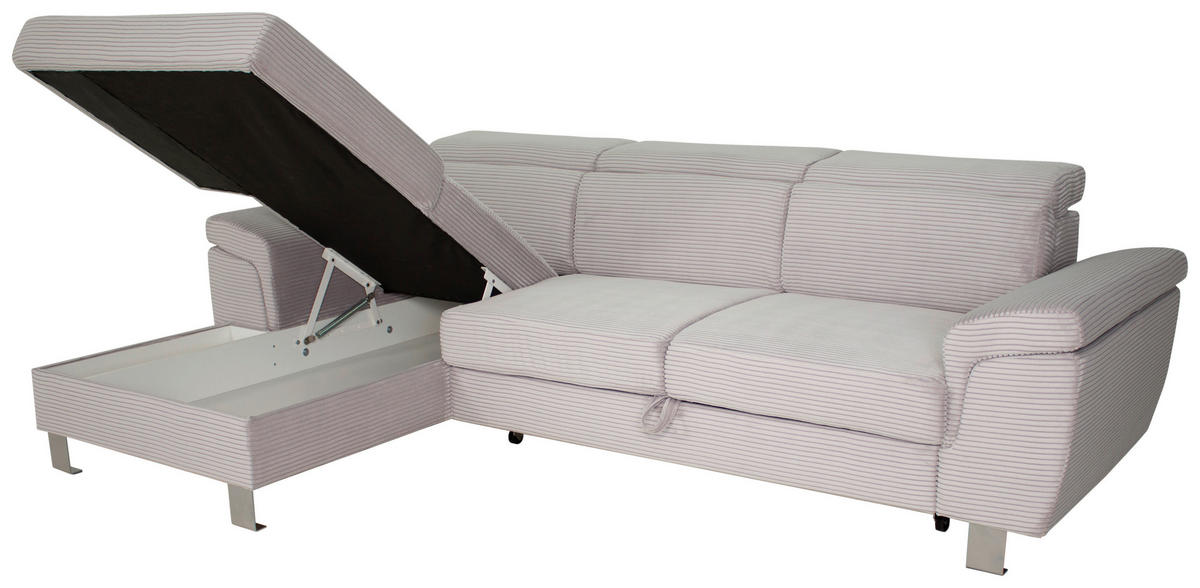 ECKSOFA inkl. Funktionen Hellgrau Cord  - Silberfarben/Hellgrau, Design, Textil/Metall (167/250cm) - Xora