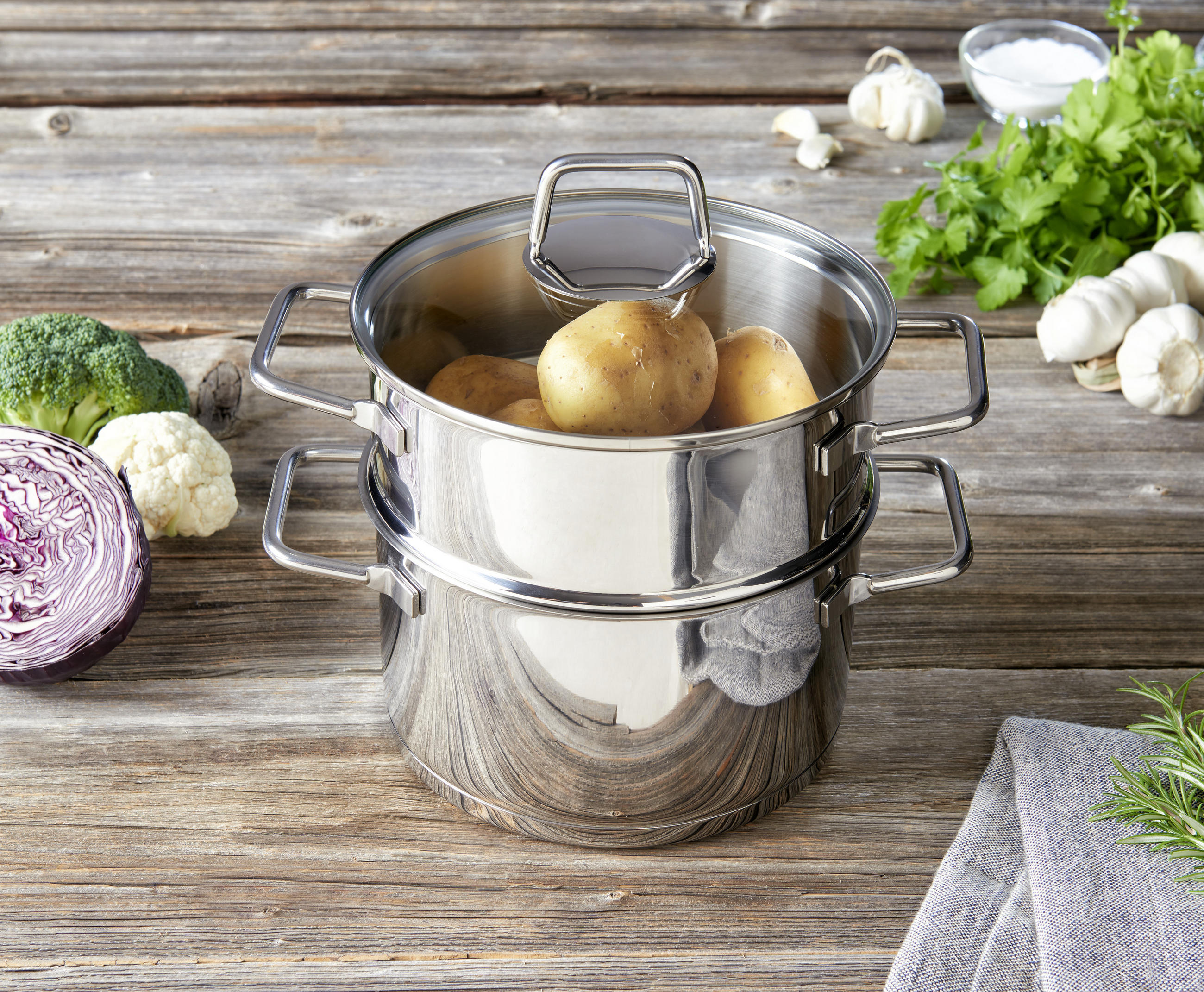 PARNÍ HRNEC NA ZELENINU 3 l - průhledné/čiré, Basics, kov/sklo (20/25,5cm) - Homeware Profession.