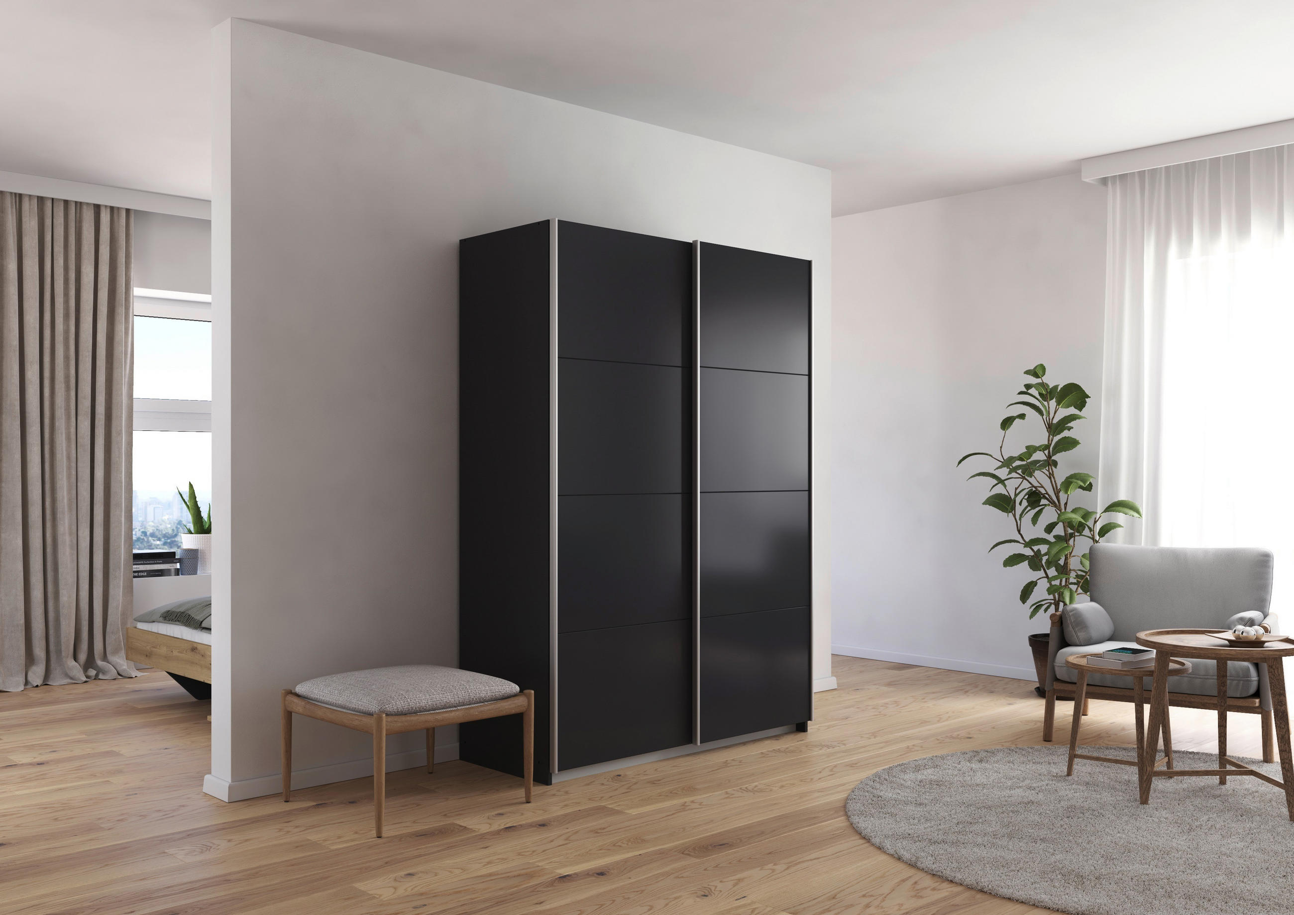 SCHWEBETÜRENSCHRANK 136/197/61 cm 2-türig Graphitfarben - Graphitfarben/Alufarben, MODERN, Holzwerkstoff/Metall (136/197/61cm) - Rauch Möbel