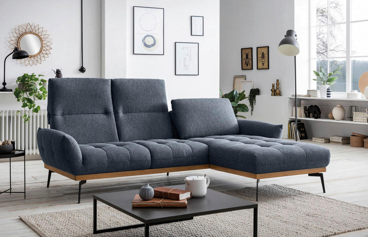 ECKSOFA in Flachgewebe Dunkelblau  - Schwarz/Dunkelblau, Design, Holz/Textil (245/171cm) - Stylife