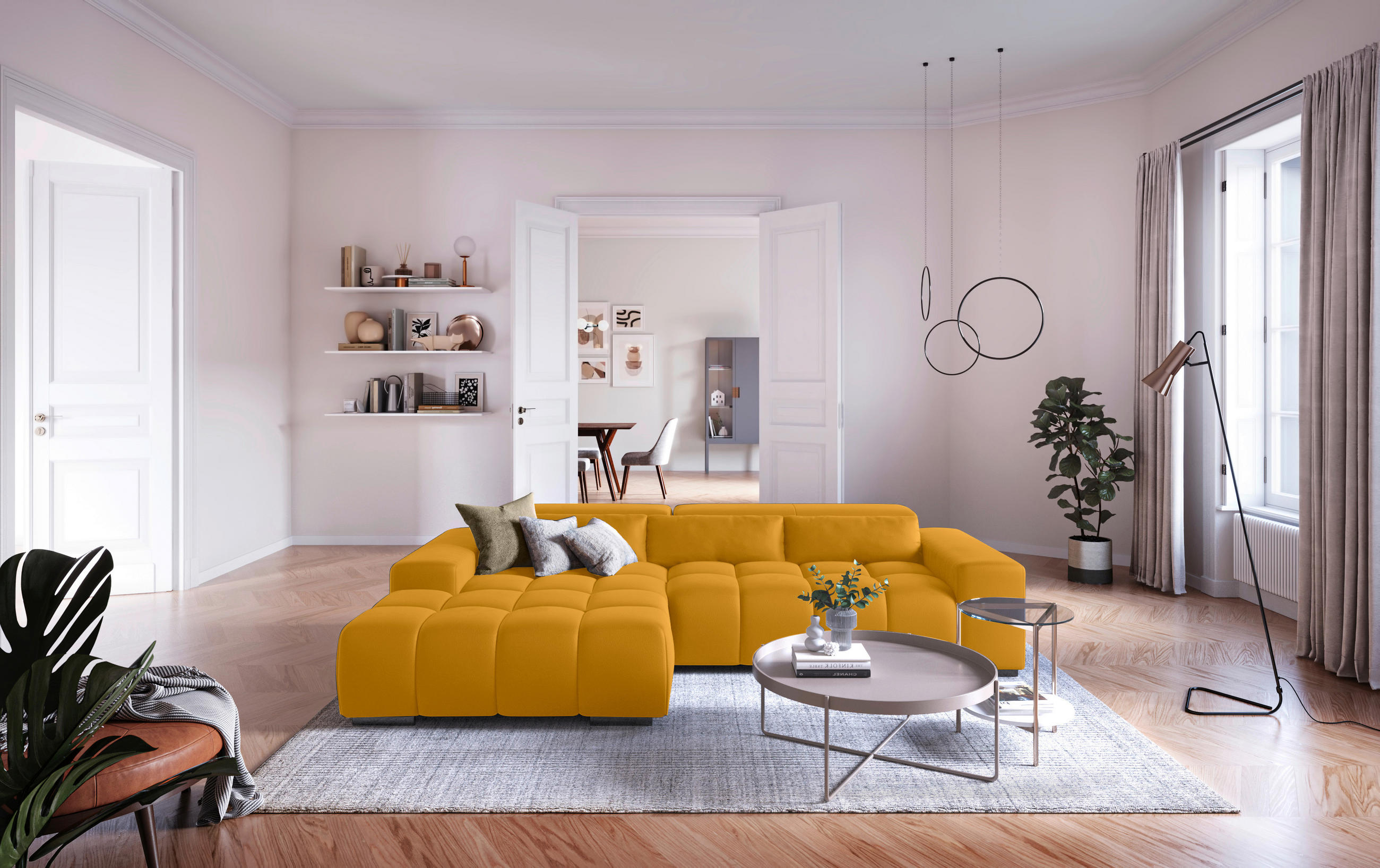 ECKSOFA Currygelb Velours  - Currygelb/Silberfarben, KONVENTIONELL, Textil/Metall (186/307cm) - Livetastic