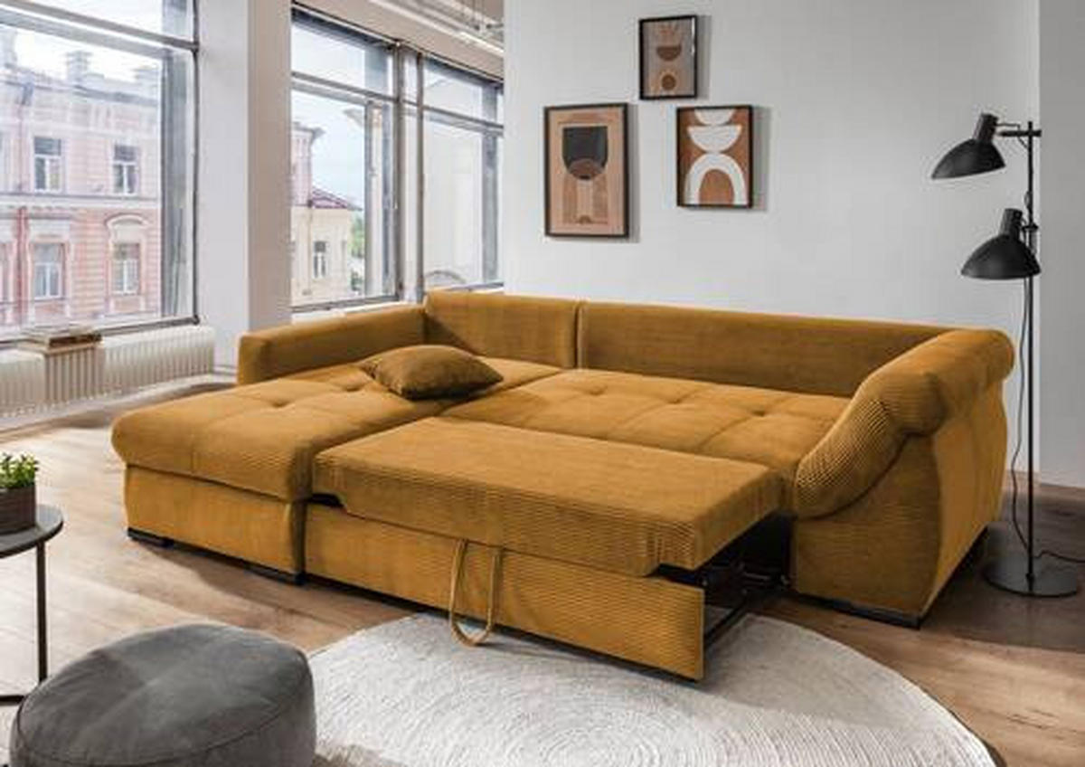ECKSOFA Goldfarben Cord  - Goldfarben/Schwarz, MODERN, Holz/Textil (188/302cm) - MID.YOU