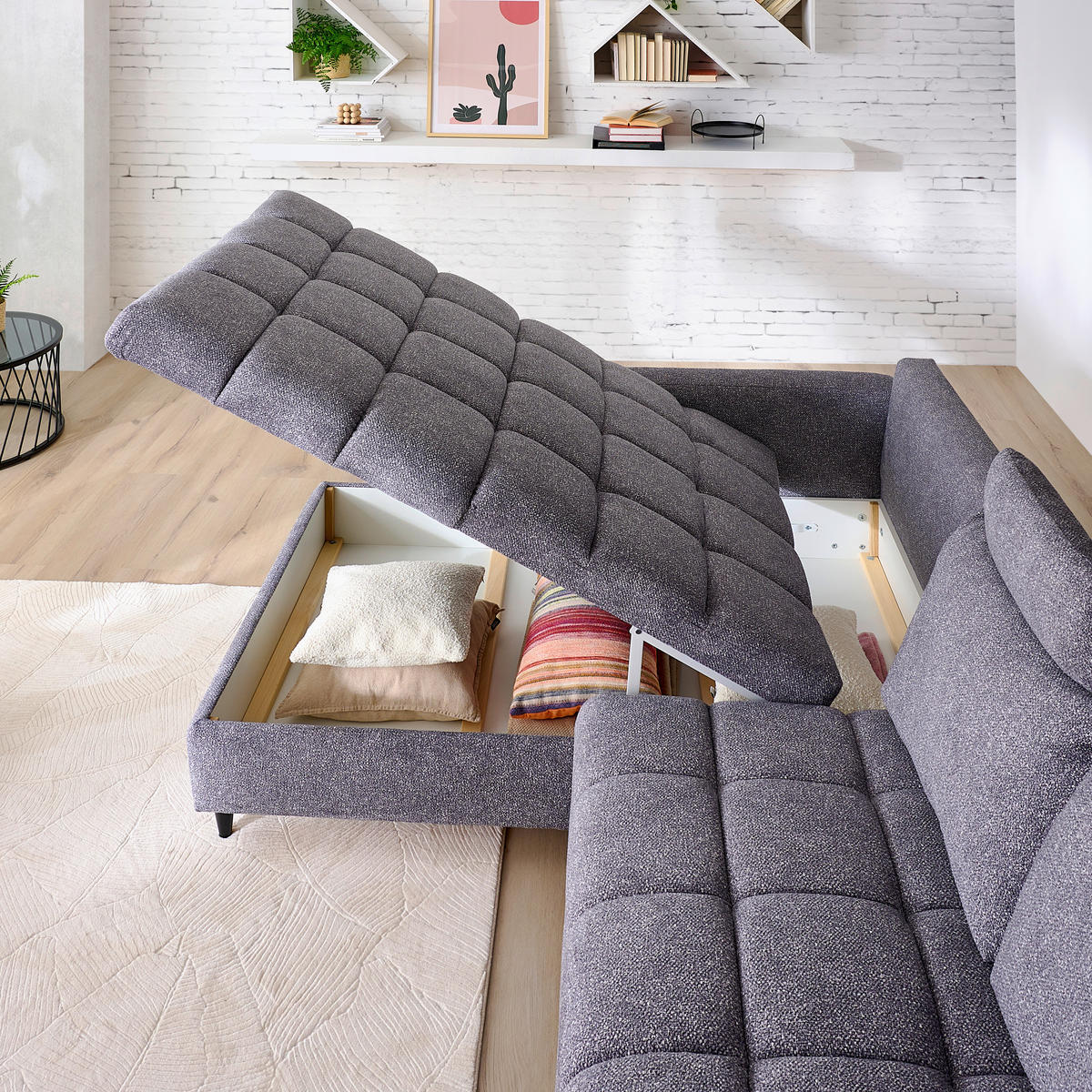 ECKSOFA in Velours Grau  - Schwarz/Grau, MODERN, Holz/Textil (282/184cm) - Lomoco