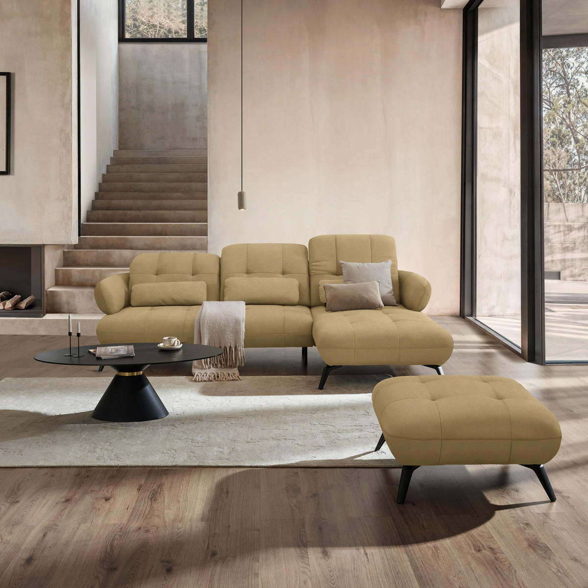ECKSOFA Flachgewebe Honig  - Schwarz/Honig, Design, Textil/Metall (282/189cm) - Novel
