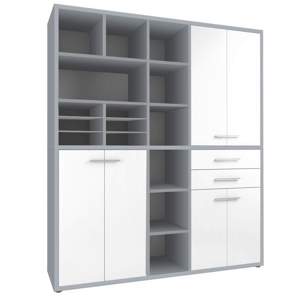 REGALKOMBINATION 191,9/216,4/40 cm in Grau, Weiss - Weiss/Silberfarben, Design, Glas/Holzwerkstoff (191,9/216,4/40cm)