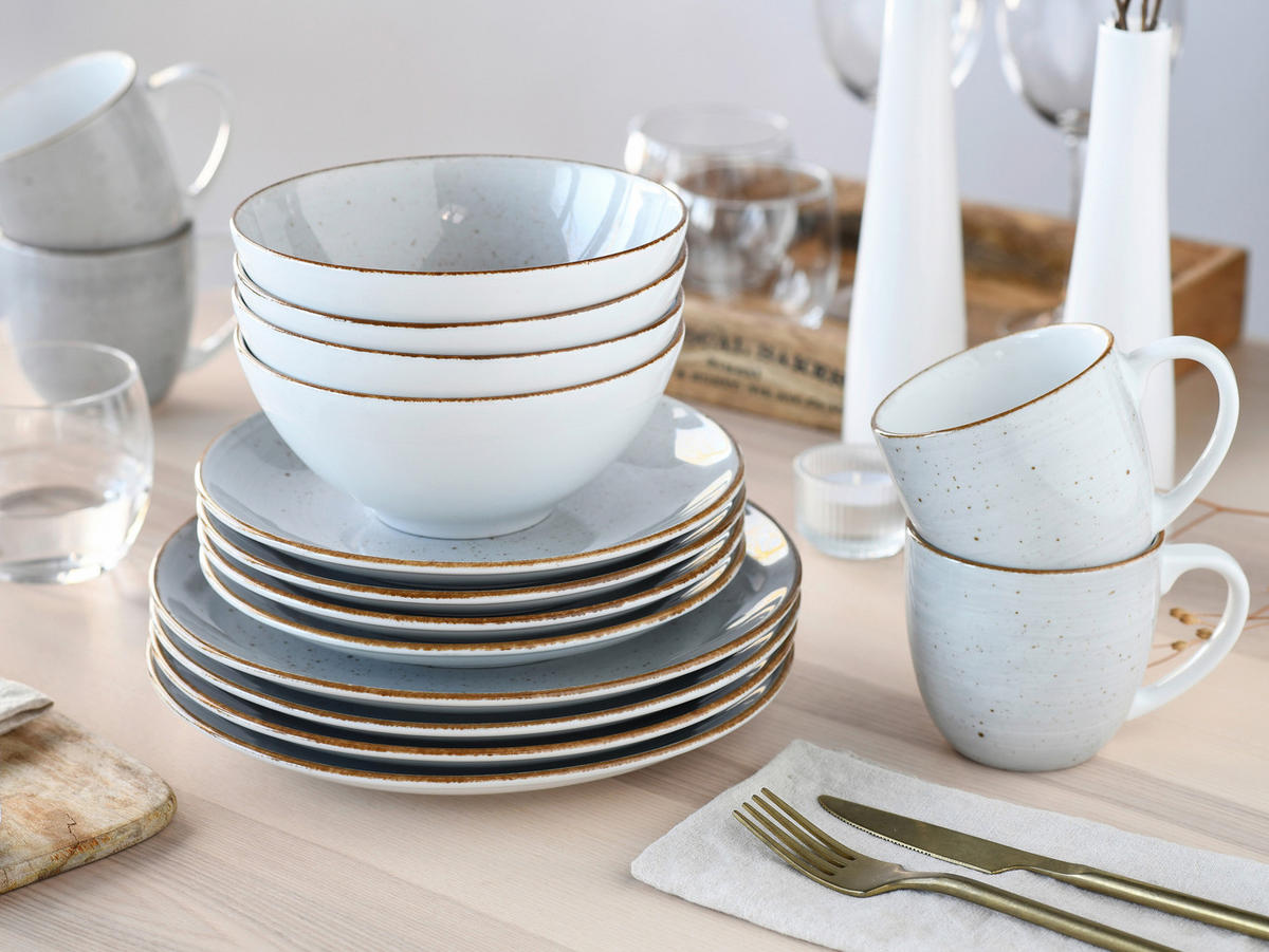 KOMBISERVICE Weiß, Hellgrau Vintage Nature 16-teilig 4 Personen  - Hellgrau/Weiß, Basics, Keramik - Creatable