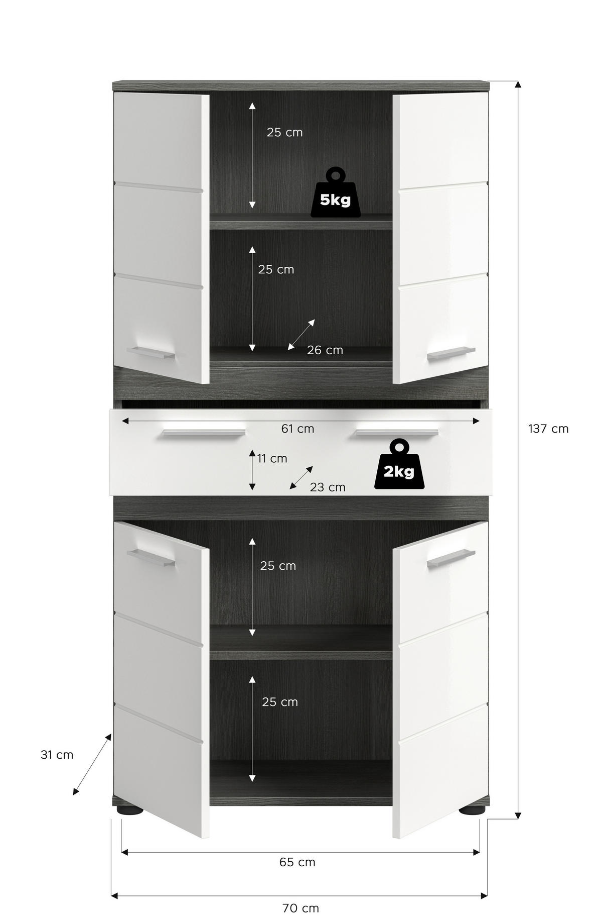 MIDISCHRANK 70/137/31 cm  - Weiß Hochglanz/Silberfarben, Trend, Holzwerkstoff/Kunststoff (70/137/31cm) - MID.YOU