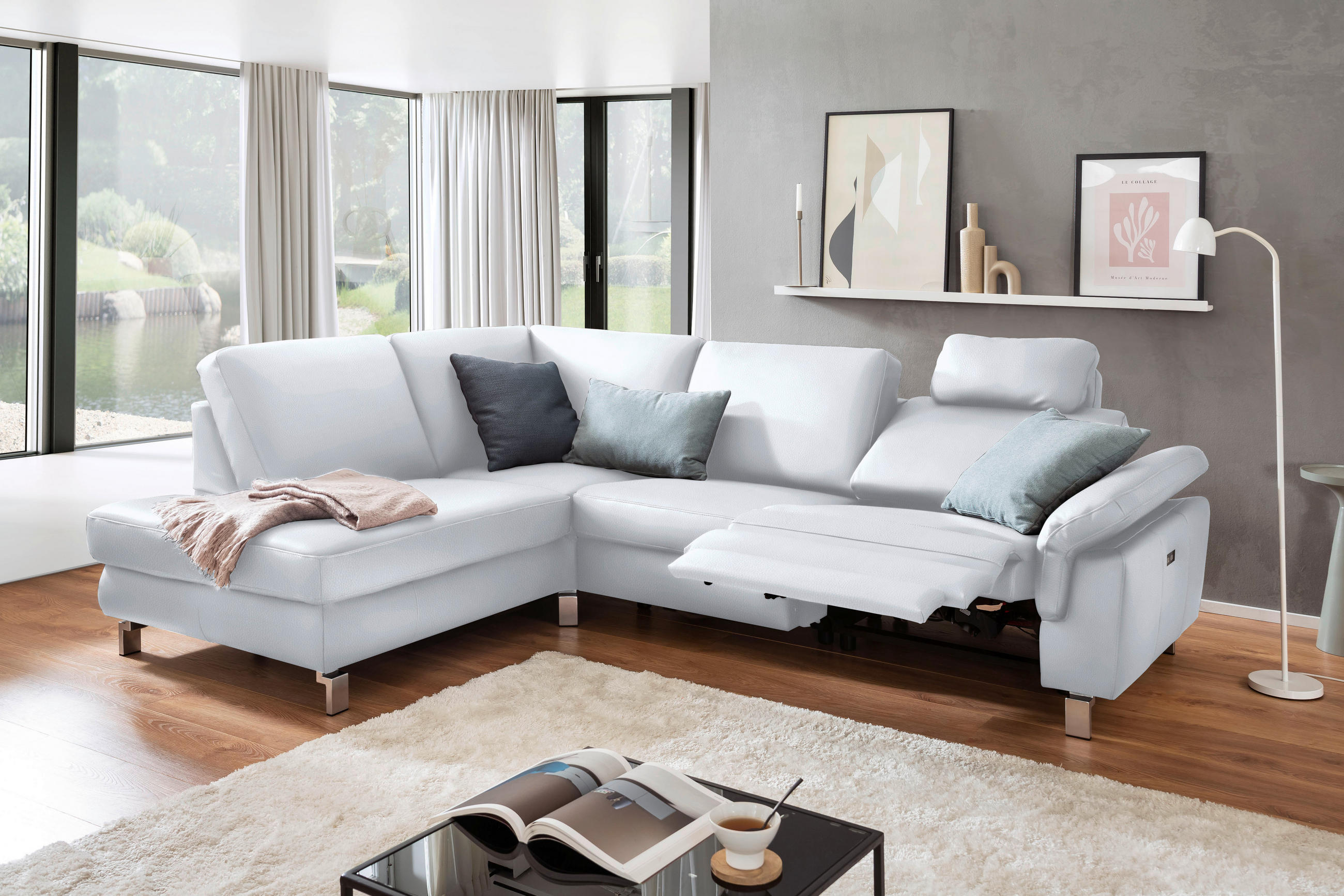ECKSOFA in Echtleder Weiss  - Chromfarben/Weiss, Design, Leder/Metall (200/271cm) - Pure Home Lifestyle