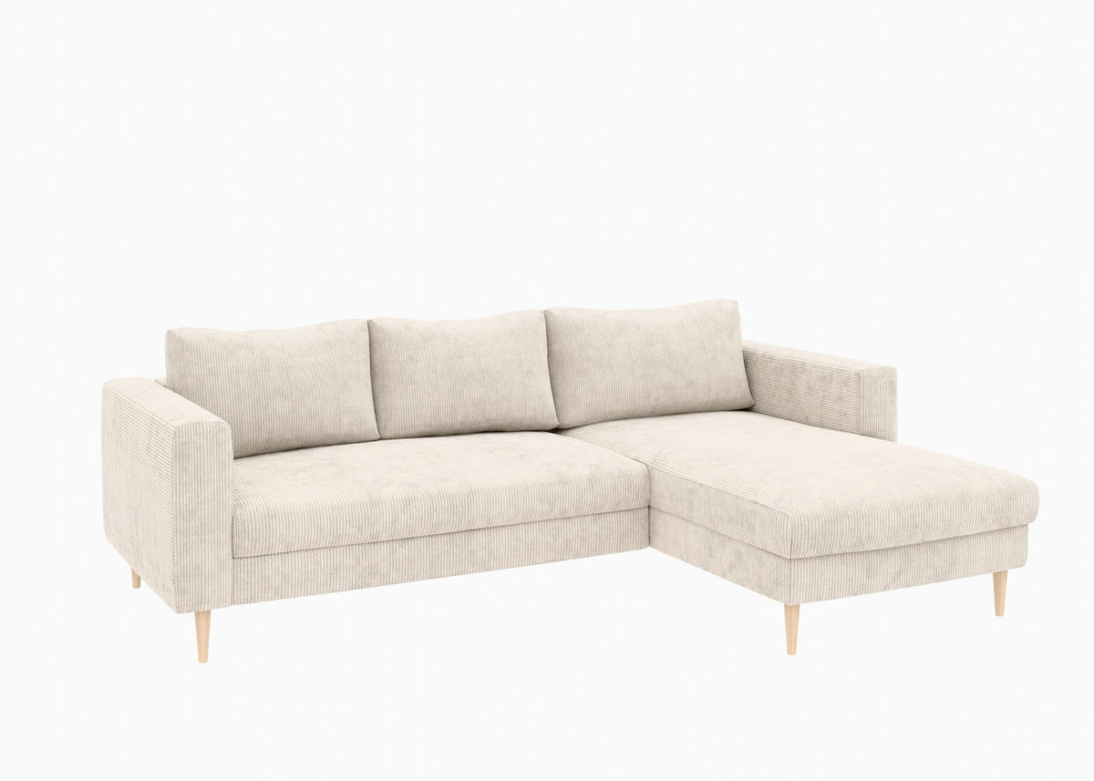 ECKSCHLAFSOFA  mit Rücken echt, Armteil links, Armteil rechts Cord Creme  - Buchefarben/Creme, MODERN, Holz/Textil (232/161cm) - Trendmanufaktur