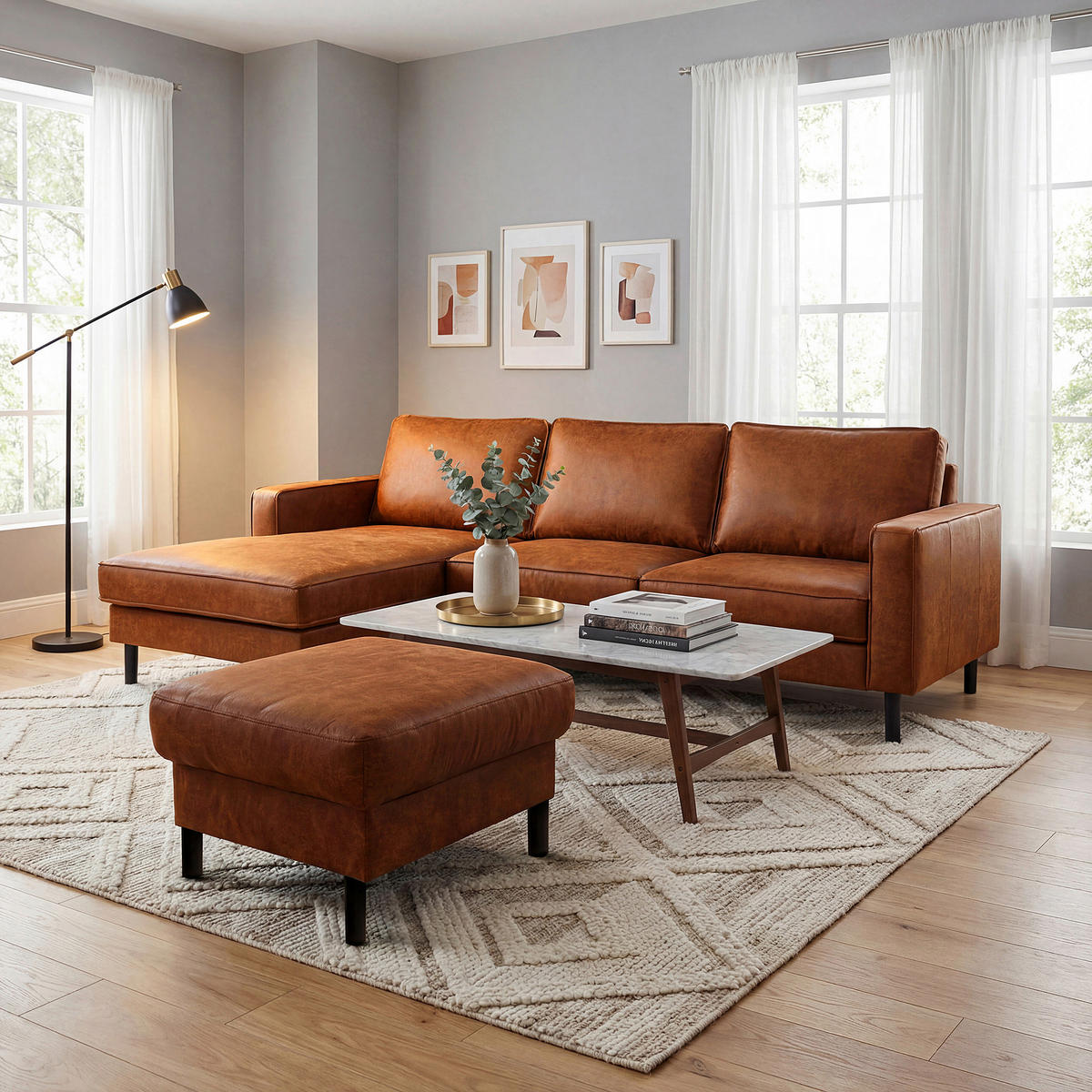 ECKSOFA Cognac Echtleder Lederlook Bettkasten, Schlaffunktion, Rücken echt  - Cognac/Schwarz, Design, Leder/Textil (166/238cm) - Livetastic