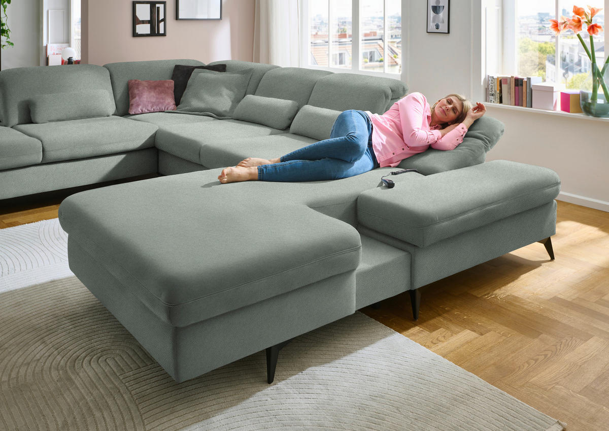 WOHNLANDSCHAFT Chenille Hellgrau  - Hellgrau/Schwarz, Design, Textil/Metall (255/364/198cm) - Beldomo Style