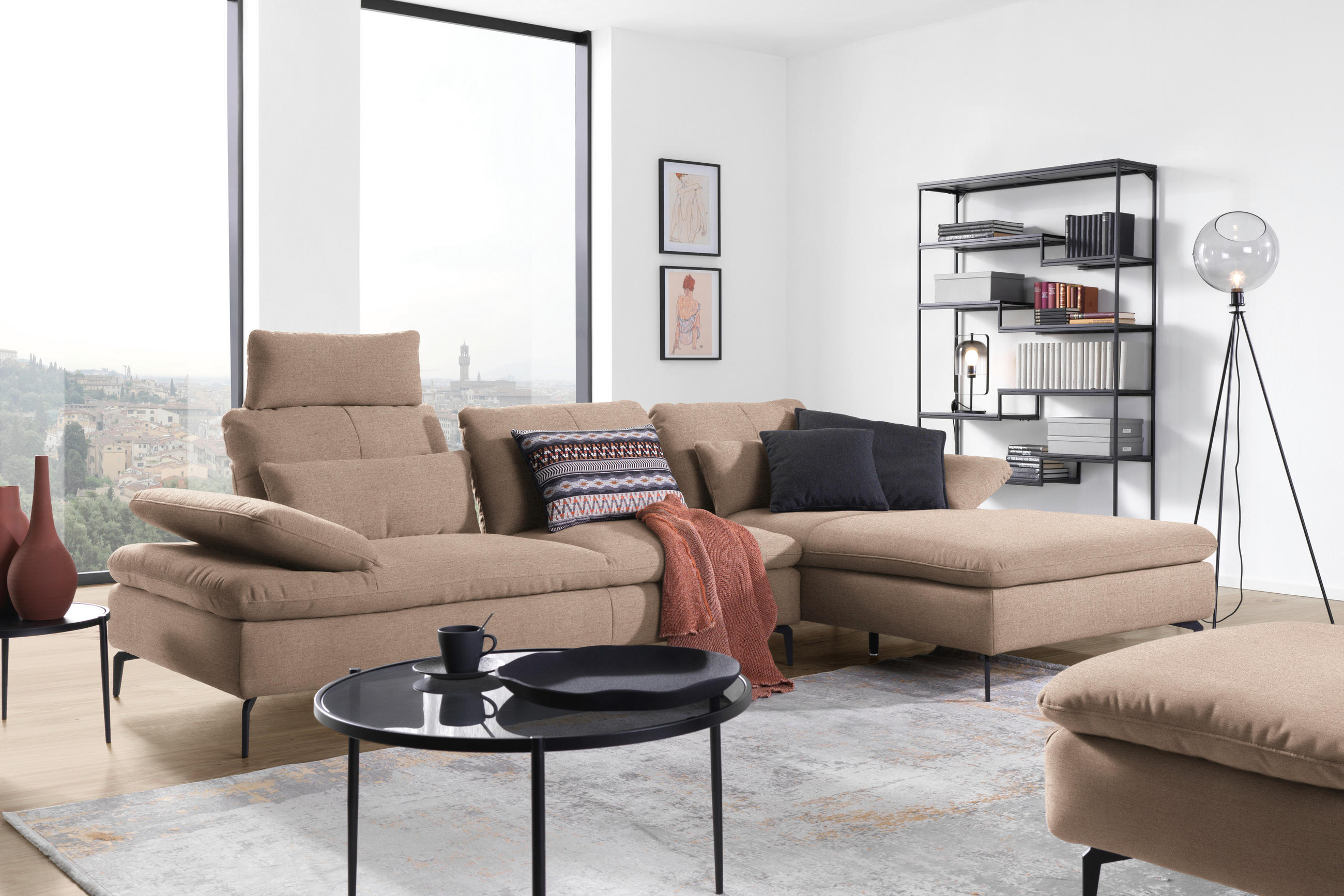 ECKSOFA in Webstoff Taupe  - Taupe/Schwarz, Design, Textil/Metall (301/179cm) - Chilliano