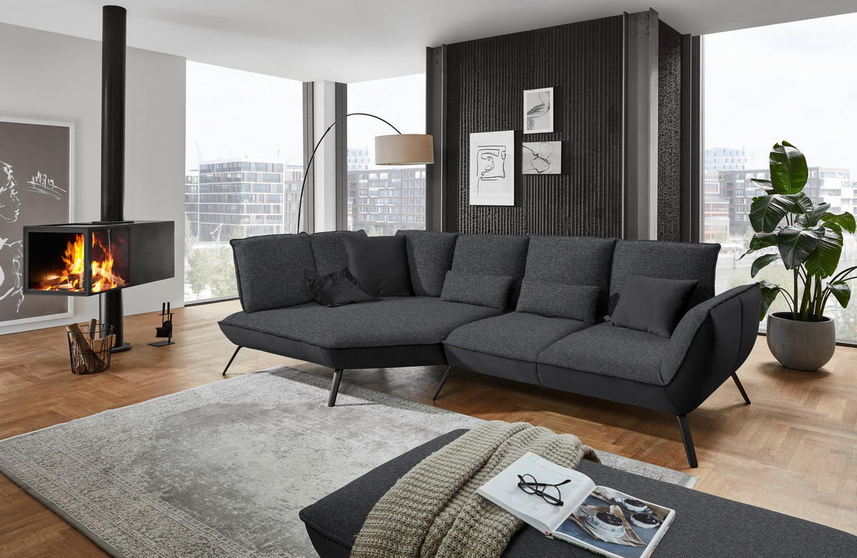 ECKSOFA in Flachgewebe Anthrazit  - Anthrazit/Schwarz, Design, Textil/Metall (169/320cm) - Moderano