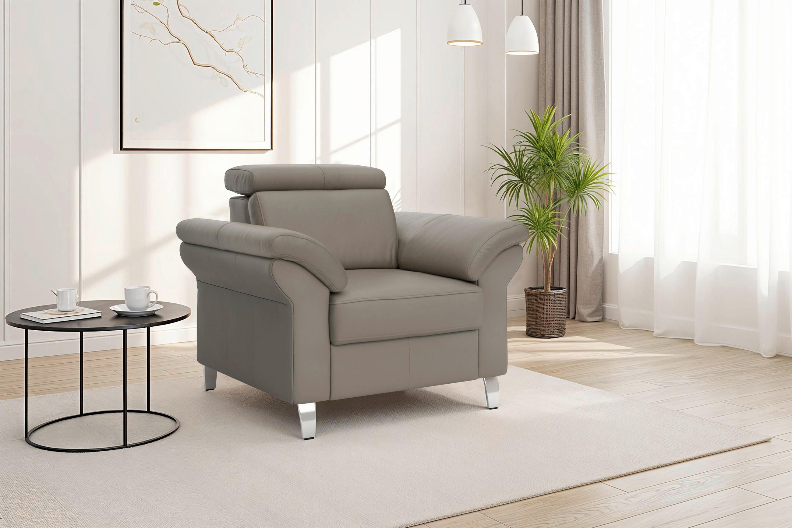 SESSEL in Echtleder Grau  - Chromfarben/Grau, Basics, Leder/Metall (101/84/93cm) - Sit & More