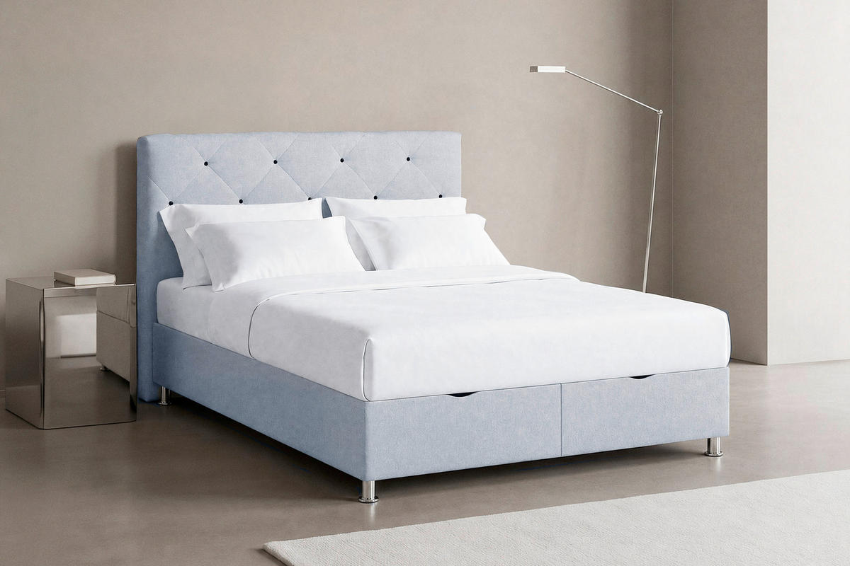 BOXBETT 160/200 cm,  in Hellgrau, Matratze, gepolstertes Kopfteil, Bettkasten, H3 = fest  - Chromfarben/Hellgrau, Design, Kunststoff/Textil (160/200cm) - Boxxx