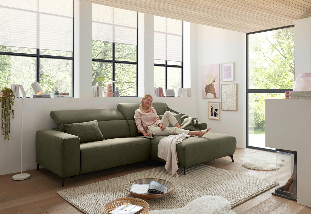 ECKSOFA in Feincord Olivgrün  - Schwarz/Olivgrün, Design, Textil/Metall (294/172-177cm) - Pure Home Lifestyle