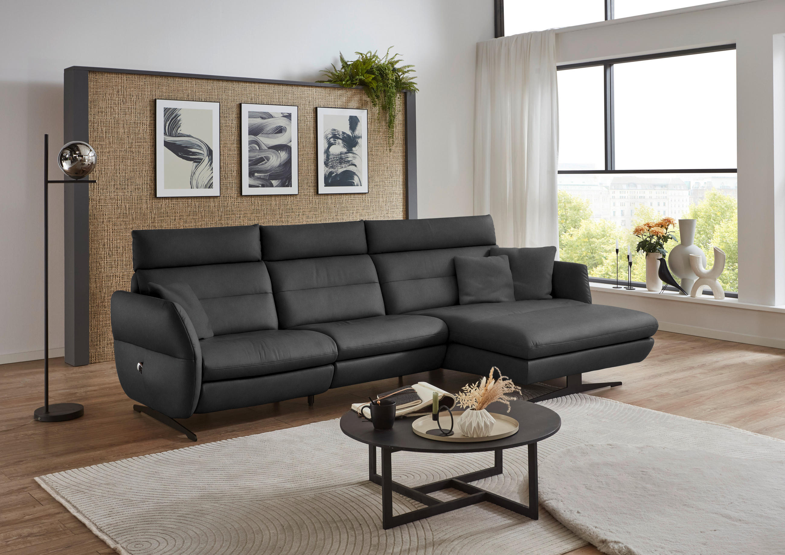 ECKSOFA in Echtleder Anthrazit  300/157 cm  - Anthrazit/Schwarz, Design, Leder/Metall (300/157cm) - Dieter Knoll