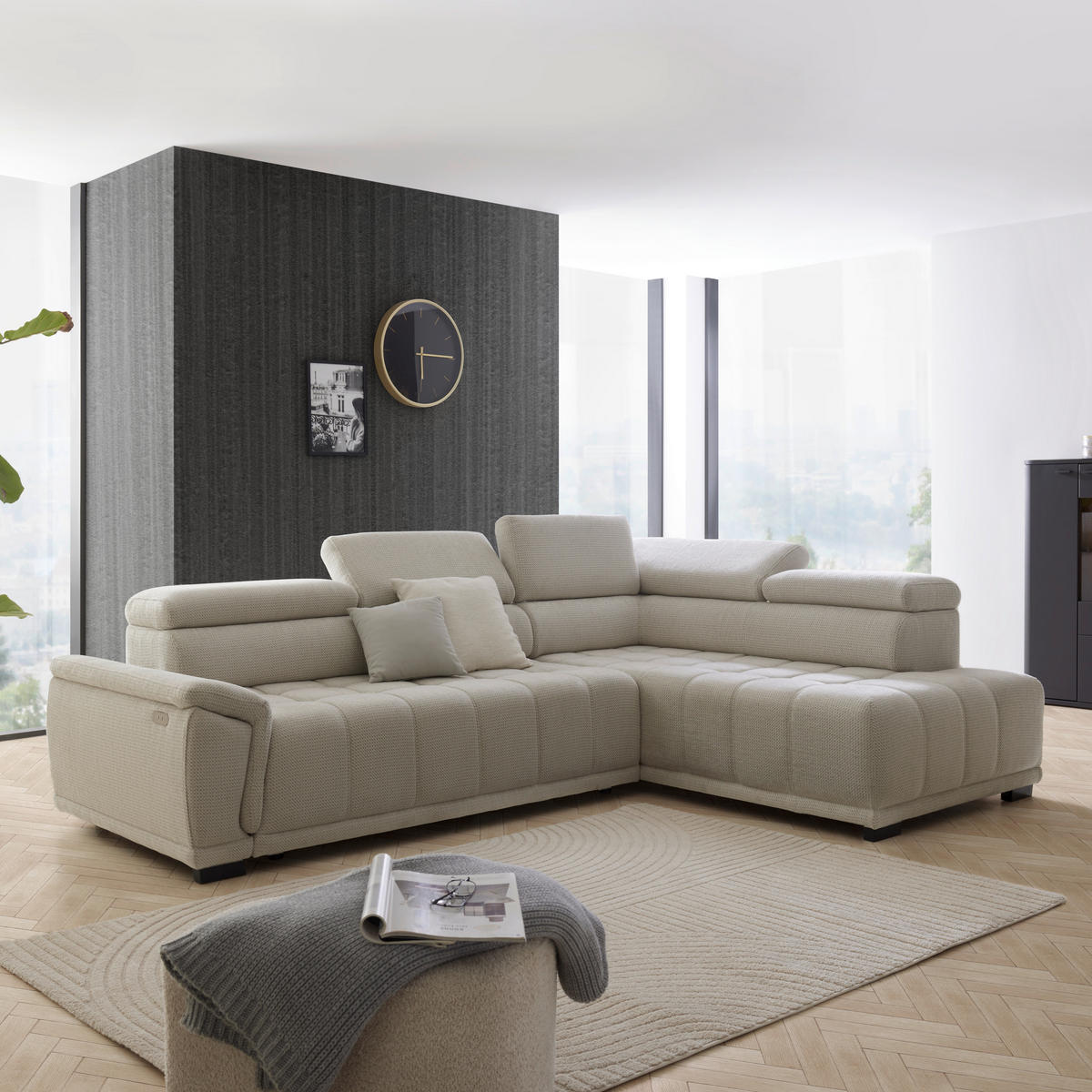 HÖRNSOFFA i chenille, vävt tyg gråvit  - gråvit/svart, Modern, textil/plast (283/106cm) - MID.YOU