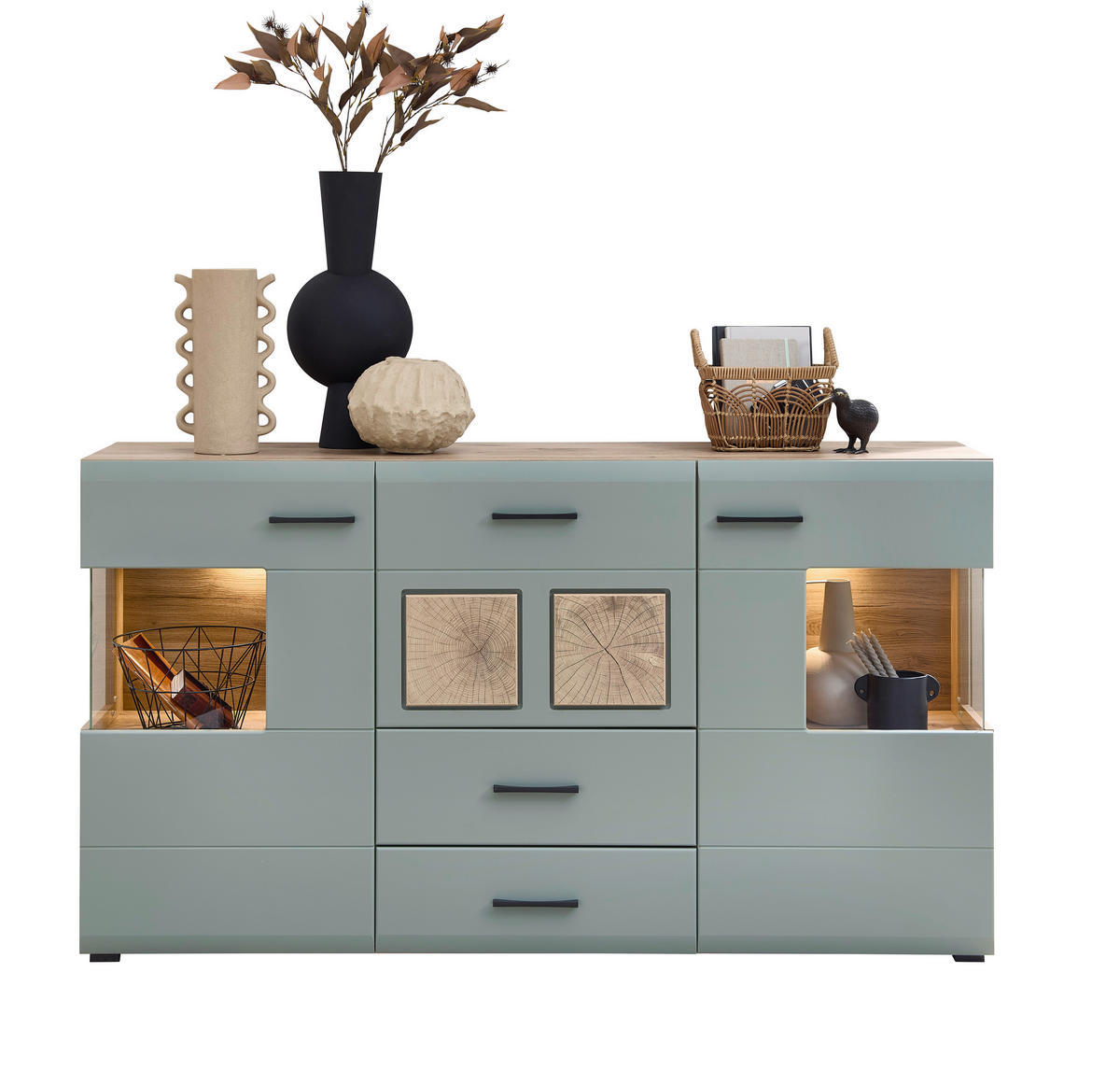 ŠIROKA KOMODA, zelena, barve hrasta  - črna/barve hrasta, Moderno, kovina/umetna masa (170/94/42cm) - Hom`in