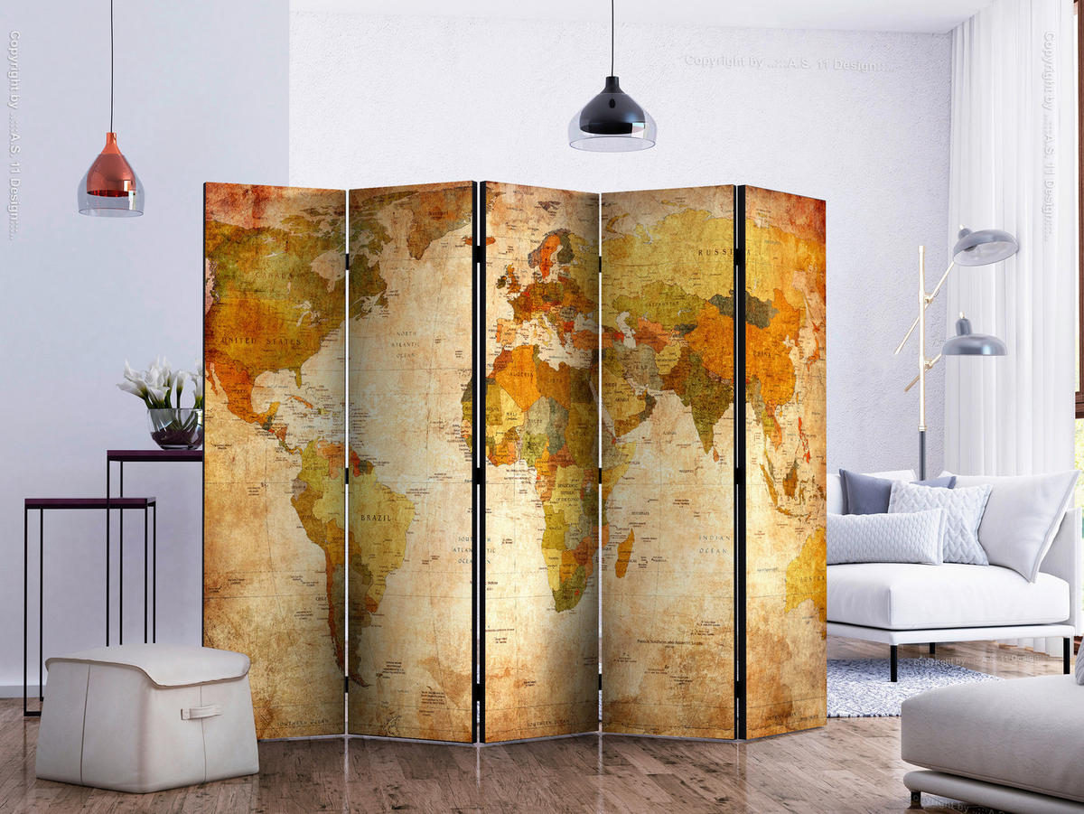 PARAVENT mit 5  Flügel - Cognac/Beige, Basics, Holz/Textil (225/172/3cm) - artgeist
