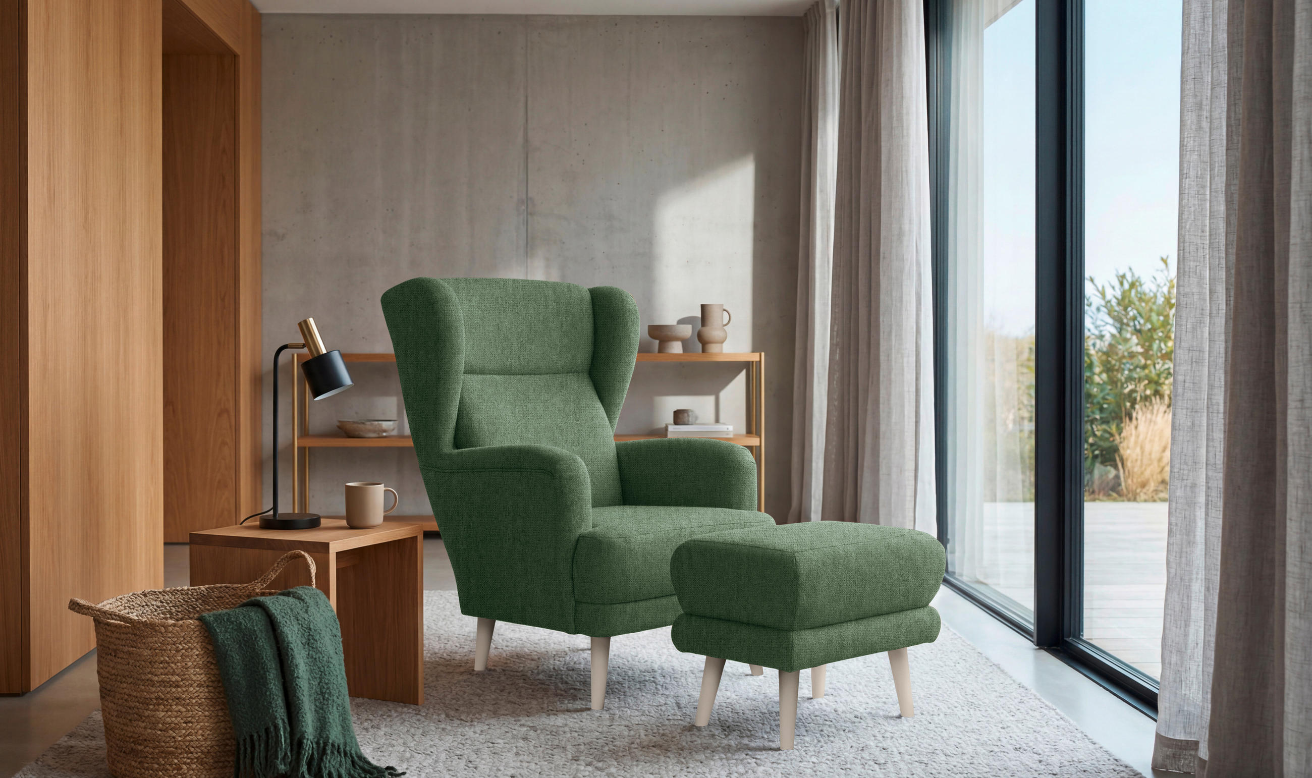 HOCKER MINA Mikrovelours Dunkelgrün  - Kaschmir/Dunkelgrün, MODERN, Holz/Textil (63/43/42cm) - MID.YOU