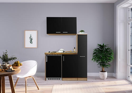 MINIKÜCHE 130 cm   in Schwarz, Eichefarben  - Edelstahlfarben/Eichefarben, Modern, Holzwerkstoff/Metall (130cm) - Respekta