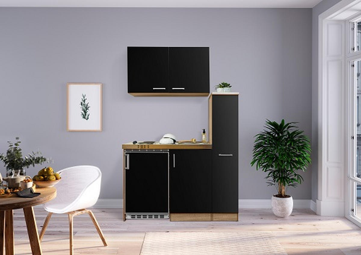 MINIKÜCHE 130 cm   in Schwarz, Eichefarben  - Edelstahlfarben/Eichefarben, Modern, Holzwerkstoff/Metall (130cm) - Respekta