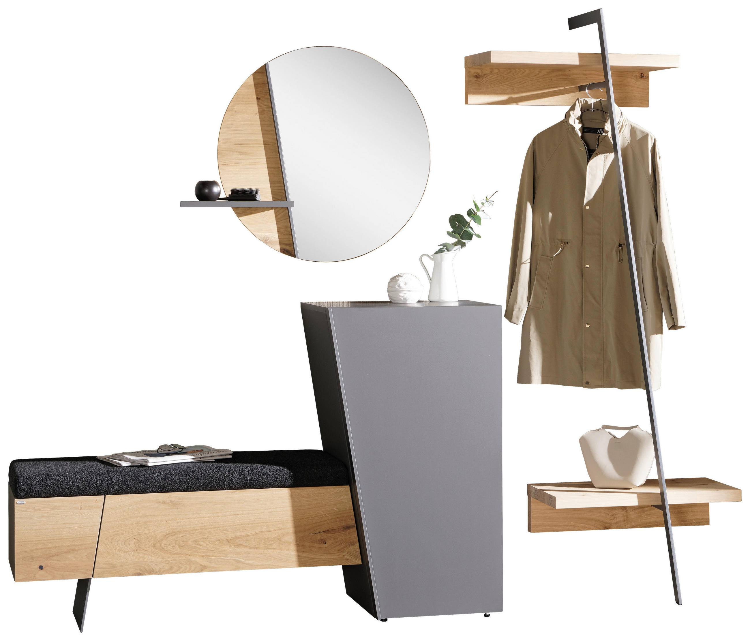 GARDEROBE 4-teilig  in 227/202/44,2 cm  - Wildeiche/Graphitfarben, Natur, Glas/Holz (227/202/44,2cm) - Voglauer