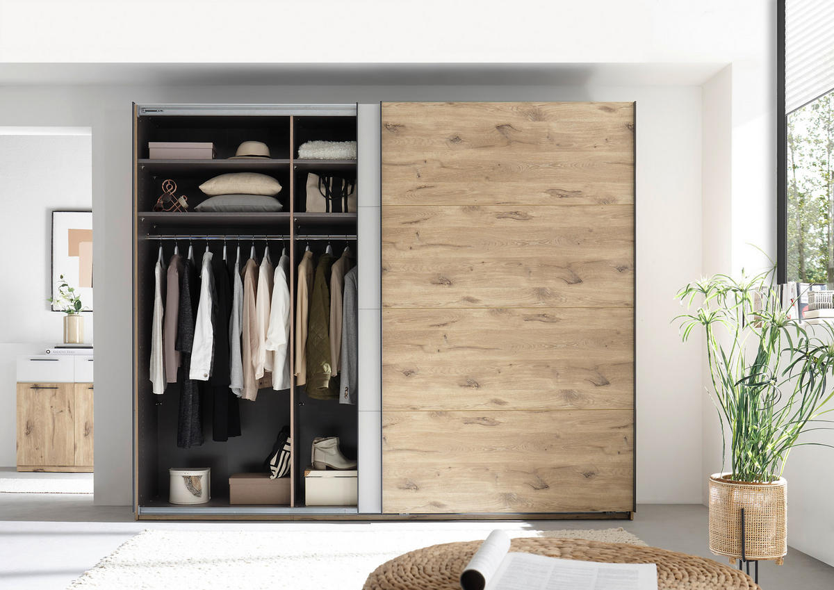 SCHWEBETÜRENSCHRANK in Eichefarben, Hellgrau  - Eichefarben/Hellgrau, Modern, Holzwerkstoff/Metall (270/225/60cm) - Venda