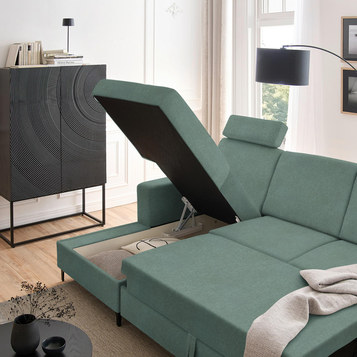 ECKSOFA in Velours Mintgrün  - Schwarz/Mintgrün, KONVENTIONELL, Textil/Metall (167/247cm) - Stylife
