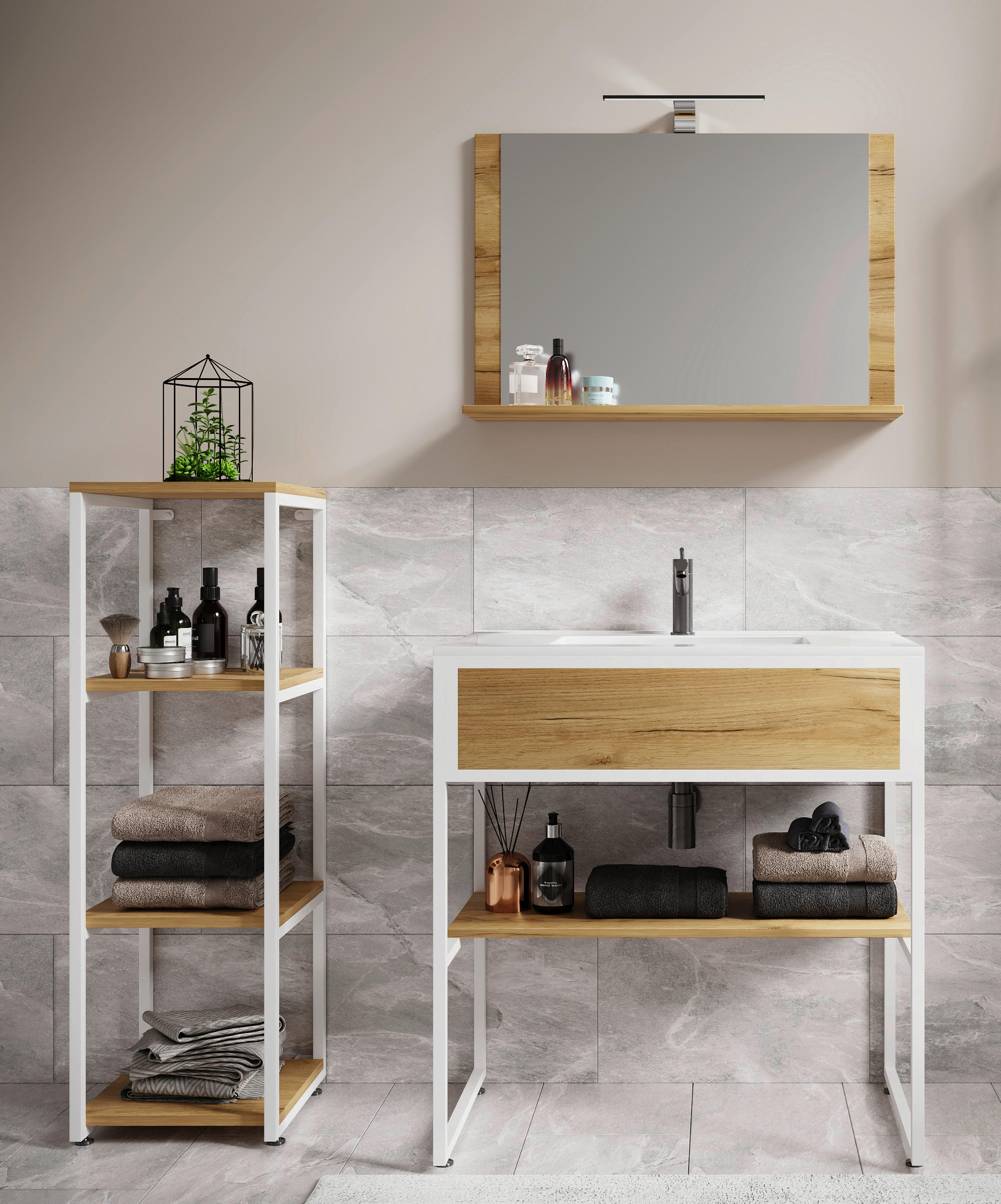BADEZIMMER 4-teilig  in 115 cm  - Honigeiche/Weiss, Modern, Glas/Keramik (115cm) - MID.YOU